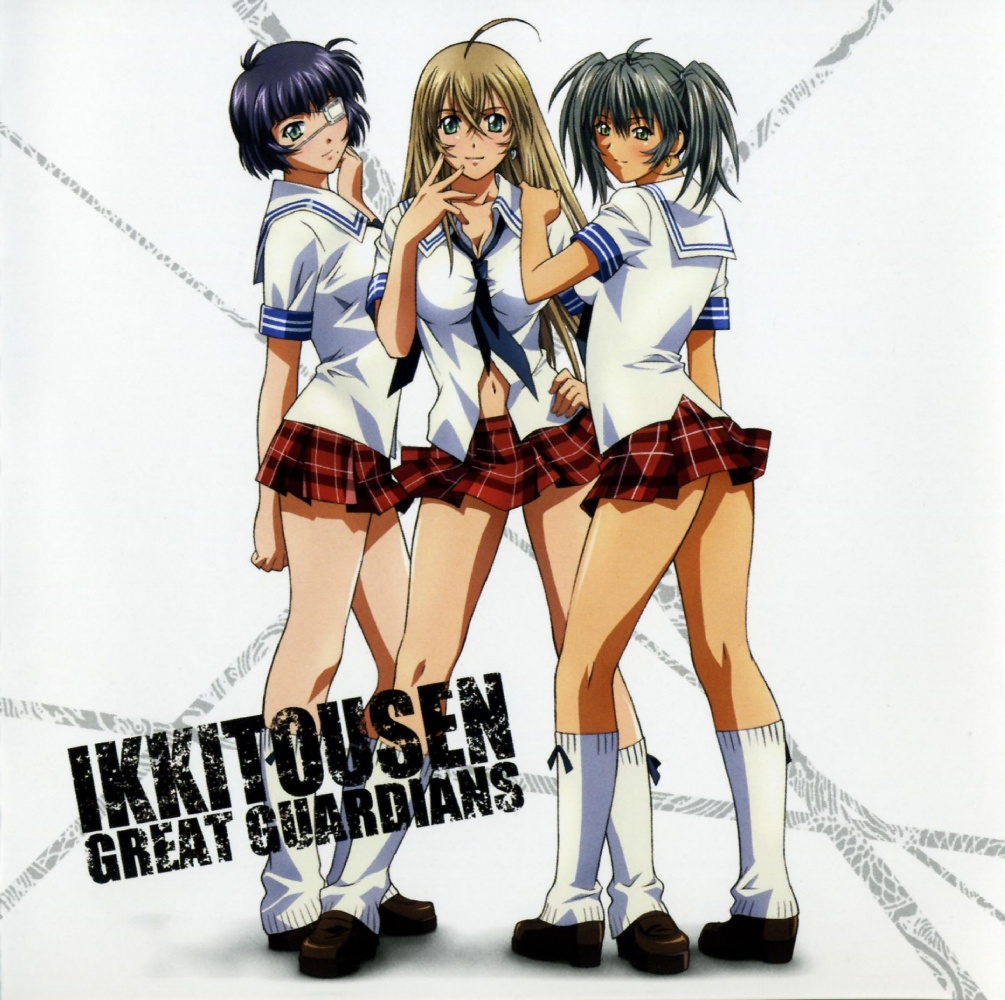 rin-sin, ryofu housen, ryomou shimei, sonsaku hakufu, ikkitousen, ikkitousen great guardians, platform footwear, white legwear, official art, scan, 00s, 3girls, adjusting hair, ahoge, alternate eye color, alternate hair color, arm behind back, blue hair, blush, bob cut, breasts, brown hair, cleavage, clenched hands, copyright name, earrings, eyepatch, full body, grey eyes, grey hair, hand on another's shoulder, hand on own hip, head tilt, hip focus, jewelry, kneehighs, kneepits, large breasts, leg warmers, legs, light smile, loafers, long hair, looking at viewer, looking back, magatama, magatama earrings, miniskirt, mole, mole under mouth, multiple girls, navel, necktie, plaid clothes, plaid skirt, pleated skirt, red skirt, ribbon, school uniform, serafuku, shirt, shoes, short hair, short sleeves, short twintails, simple background, skirt, sleeve cuffs, smile, socks, standing, tan, taut clothes, taut shirt, twintails, white background, yellow eyes
