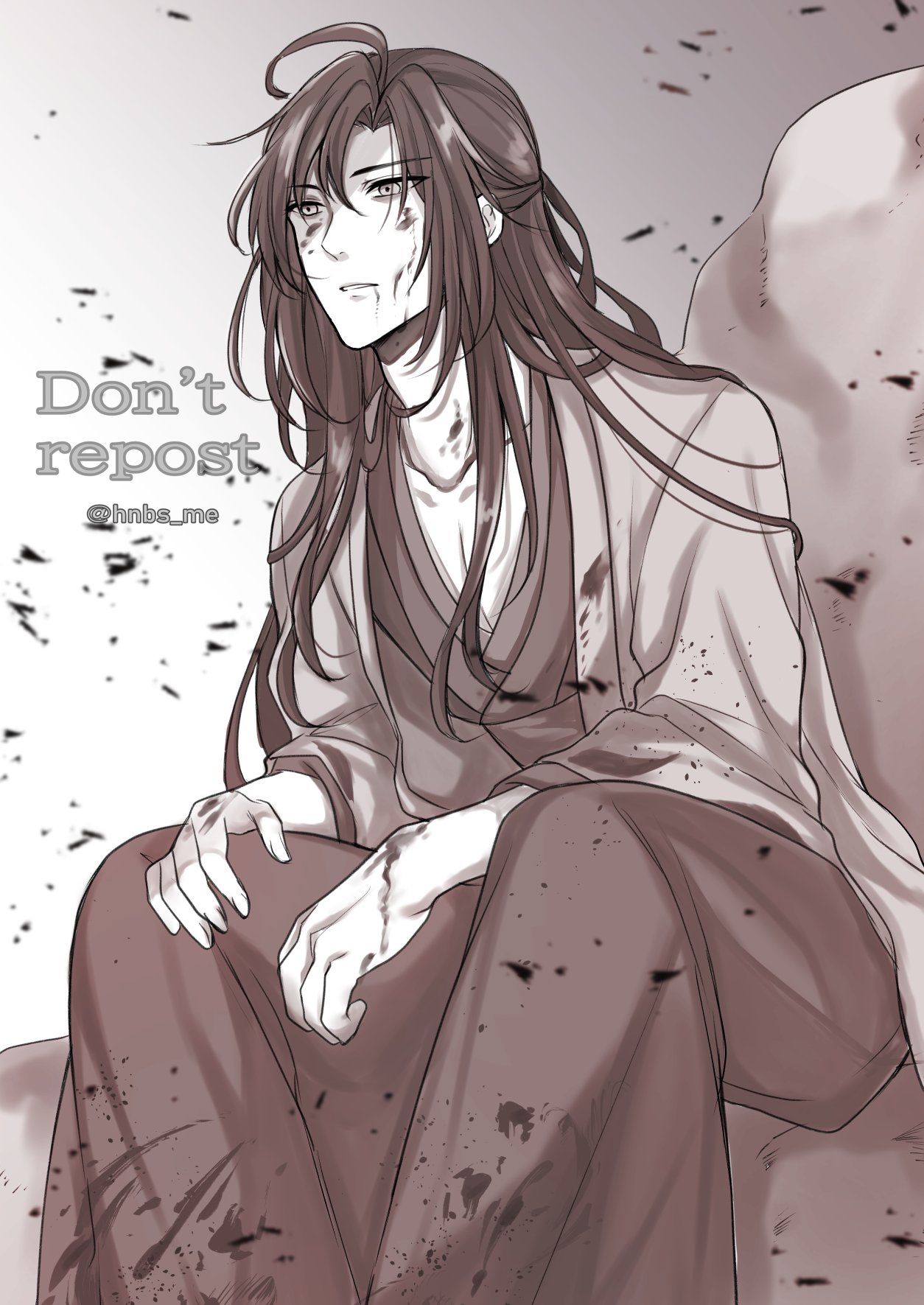 wei wuxian, wei wuxian (yiling laozu), modao zushi, highres, 1boy, ahoge, ashes, bitou caffeineless, blood, blood on body, blood on clothes, blood on face, blood on hands, chinese clothes, coat, collarbone, dirty, dirty face, feet out of frame, hair down, hair ribbon, half updo, hanfu, injury, long hair, long sleeves, looking at viewer, male focus, monochrome, official alternate costume, official alternate hairstyle, open clothes, open coat, parted lips, pectoral cleavage, pectorals, ribbon, robe, sidelocks, sitting, solo, twitter username