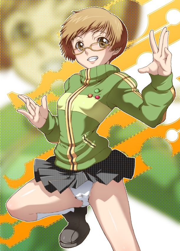 caryo, tabigarasu, satonaka chie, atlus, persona, persona 4, bad id, bad pixiv id, 1girl, brown eyes, brown hair, female focus, fighting stance, glasses, halftone, jacket, leg lift, miniskirt, panties, pantyshot, pin, pleated skirt, shoes, short hair, skirt, smirk, socks, solo, standing, track jacket, underwear, white panties, white socks, yellow-framed eyewear, zoom layer