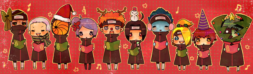 amekouni, madalshimo, deidara (naruto), hidan (naruto), hoshigaki kisame, kakuzu (naruto), konan (naruto), pain (naruto), sasori (naruto), tobi (naruto), uchiha itachi, uchiha obito, zetsu (naruto), naruto (classic), naruto (series), naruto shippuuden, bad id, bad pixiv id, 1girl, 6+boys, akatsuki (naruto), blonde hair, christmas, corpse, everyone, lineup, multiple boys, music, rinnegan, singing