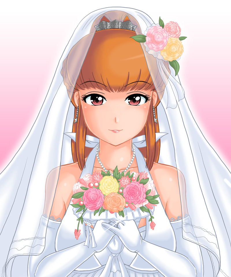 hamu agaki, amemiya sayaka, osu! tatakae! ouendan, bad id, bad pixiv id, bare shoulders, bouquet, bridal veil, bride, brown hair, dress, earrings, elbow gloves, flower, gloves, jewelry, ouendan, pink eyes, solo, veil, wedding dress