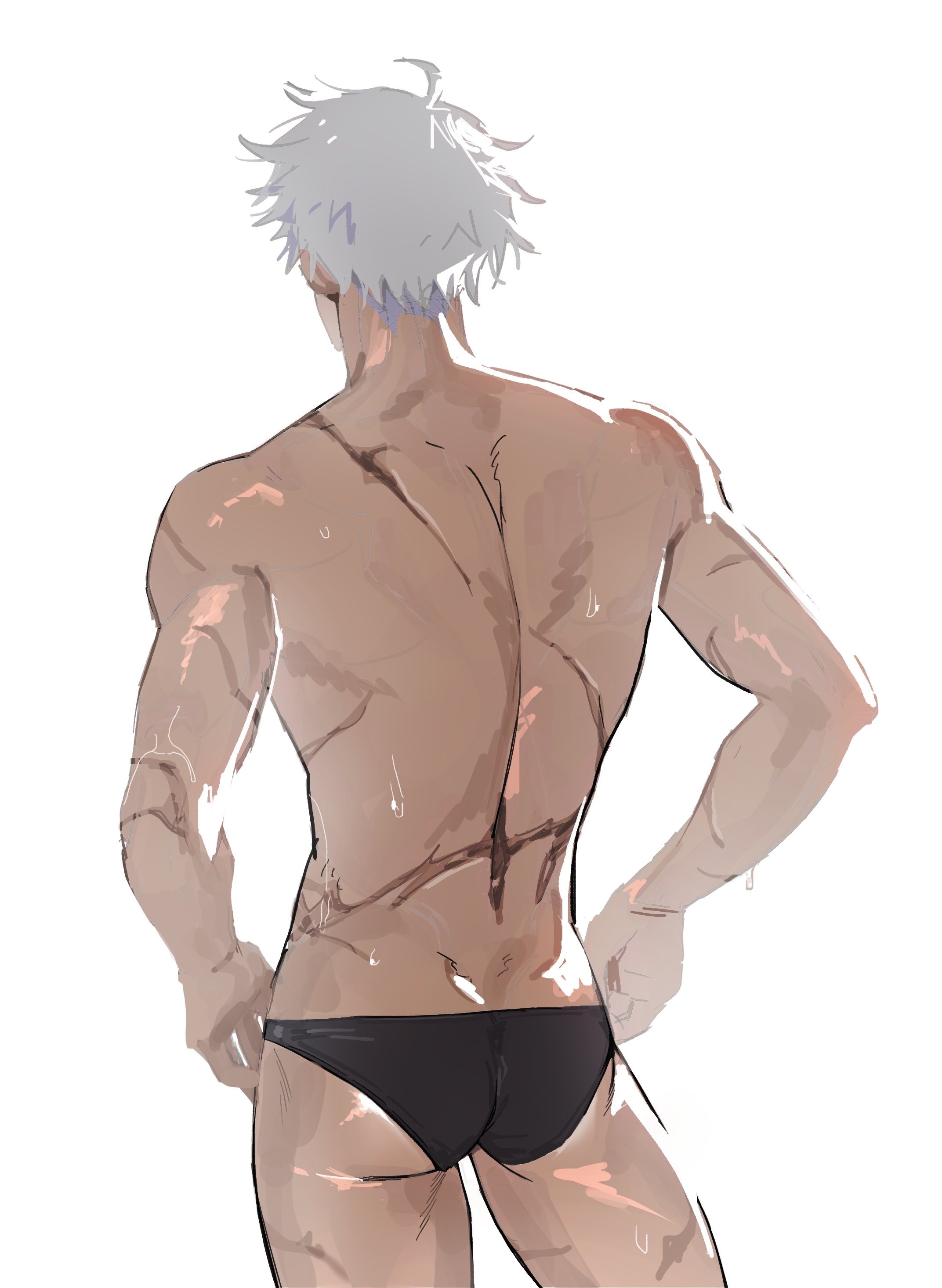 gimmeyourmoni, gojou satoru, jujutsu kaisen, absurdres, highres, 1boy, ass, back, black male swimwear, cowboy shot, from behind, male focus, male swimwear, multiple scars, scar, scar on arm, scar on back, scar on thighs, short hair, solo, swim briefs, topless male, white hair