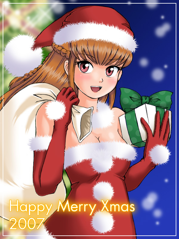 hamu agaki, amemiya sayaka, osu! tatakae! ouendan, 00s, 1girl, 2007, bag, breasts, brown hair, christmas, cleavage, dress, female focus, gift, half updo, holding, holding gift, medium breasts, merry christmas, ouendan, pink eyes, sack, santa costume, solo, strapless, strapless dress