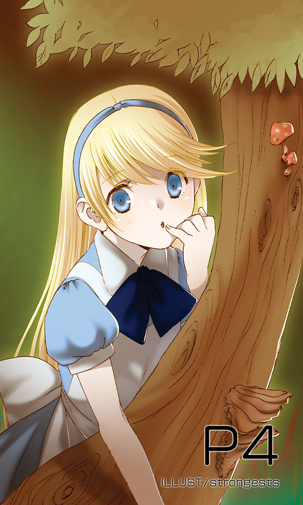 yukimitsuki, alice (alice in wonderland), kuma (persona 4), alice's adventures in wonderland, atlus, persona, persona 4, bad id, bad pixiv id, 1boy, alice (alice in wonderland) (cosplay), apron, blonde hair, blue eyes, cosplay, dress, hairband, long hair, male focus, mushroom, o o, outdoors, solo, swept bangs, trap, tree
