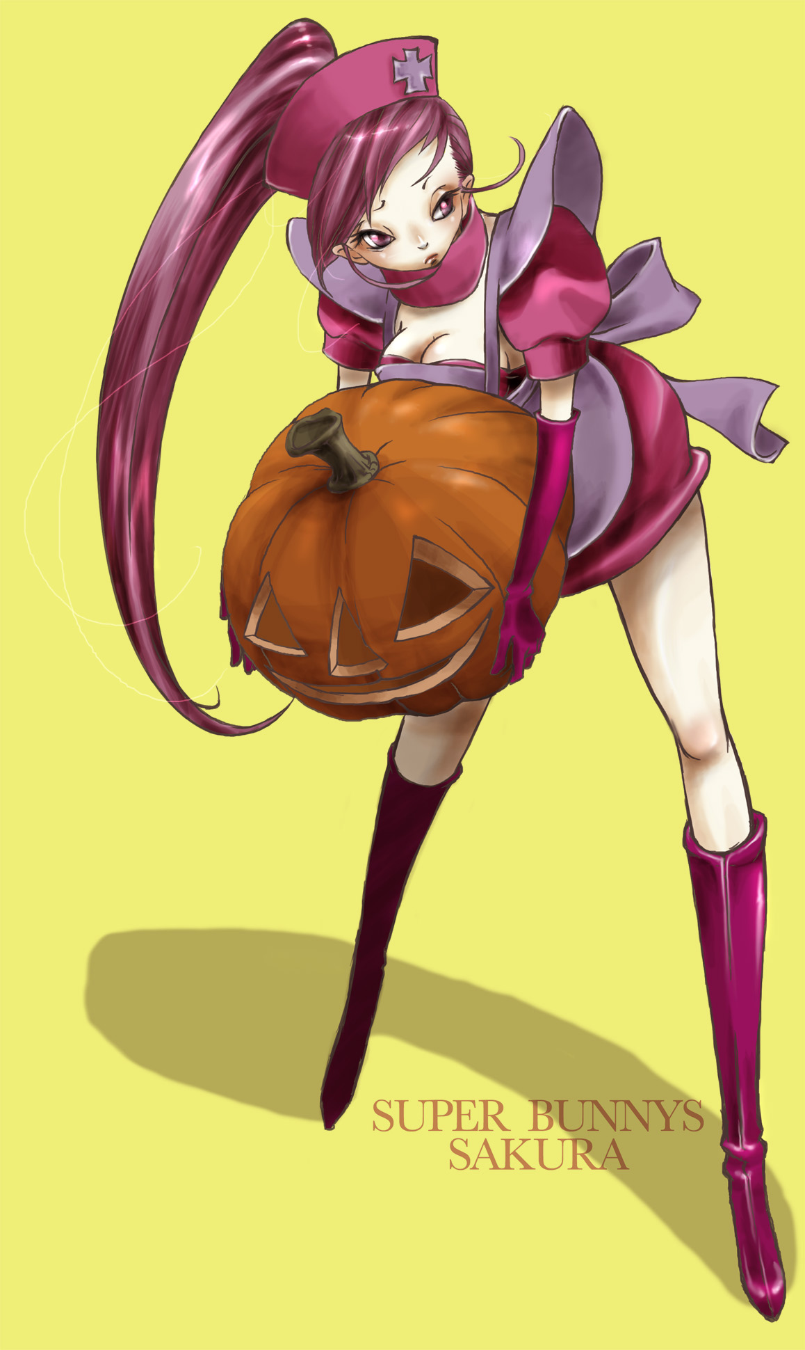 sakura (superbunnys), original, bad id, bad pixiv id, highres, 1girl, apron, elbow gloves, female focus, gloves, halloween, hat, jack-o'-lantern, nurse cap, ponytail, pumpkin, purple eyes, purple hair, solo, yellow background