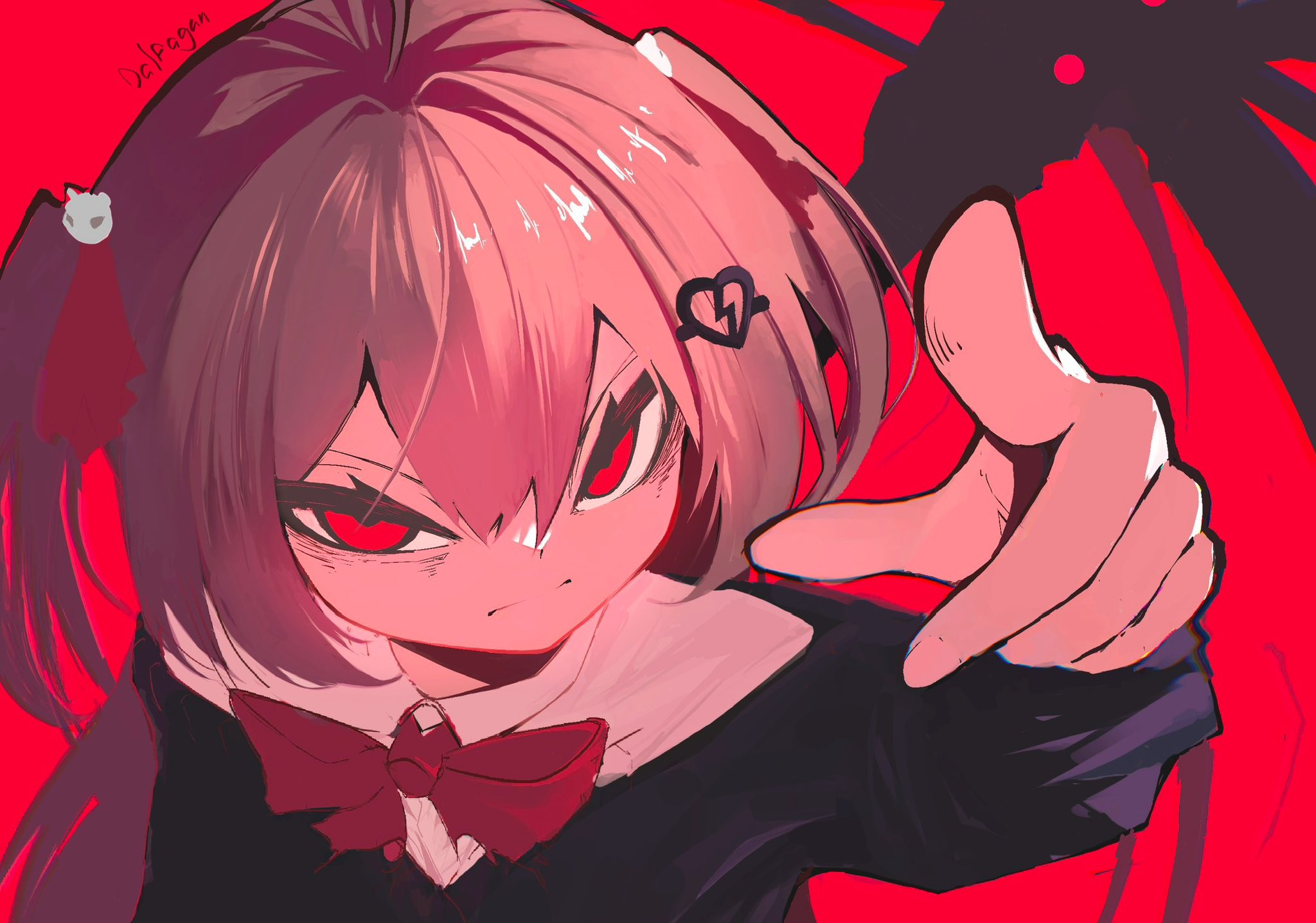 dalfagan, evil neuro-sama, neuro-sama, hashtag-only commentary, highres, 1girl, black cardigan, bow, bowtie, broken heart, broken heart hair ornament, brown hair, cardigan, closed eyes, dress shirt, hair between eyes, hair ornament, heart, index finger raised, long hair, looking at viewer, off-shoulder cardigan, red background, red bow, red bowtie, red eyes, red ribbon, ribbon, shirt, skull hair ornament, two side up, vedal ai, virtual youtuber, white shirt