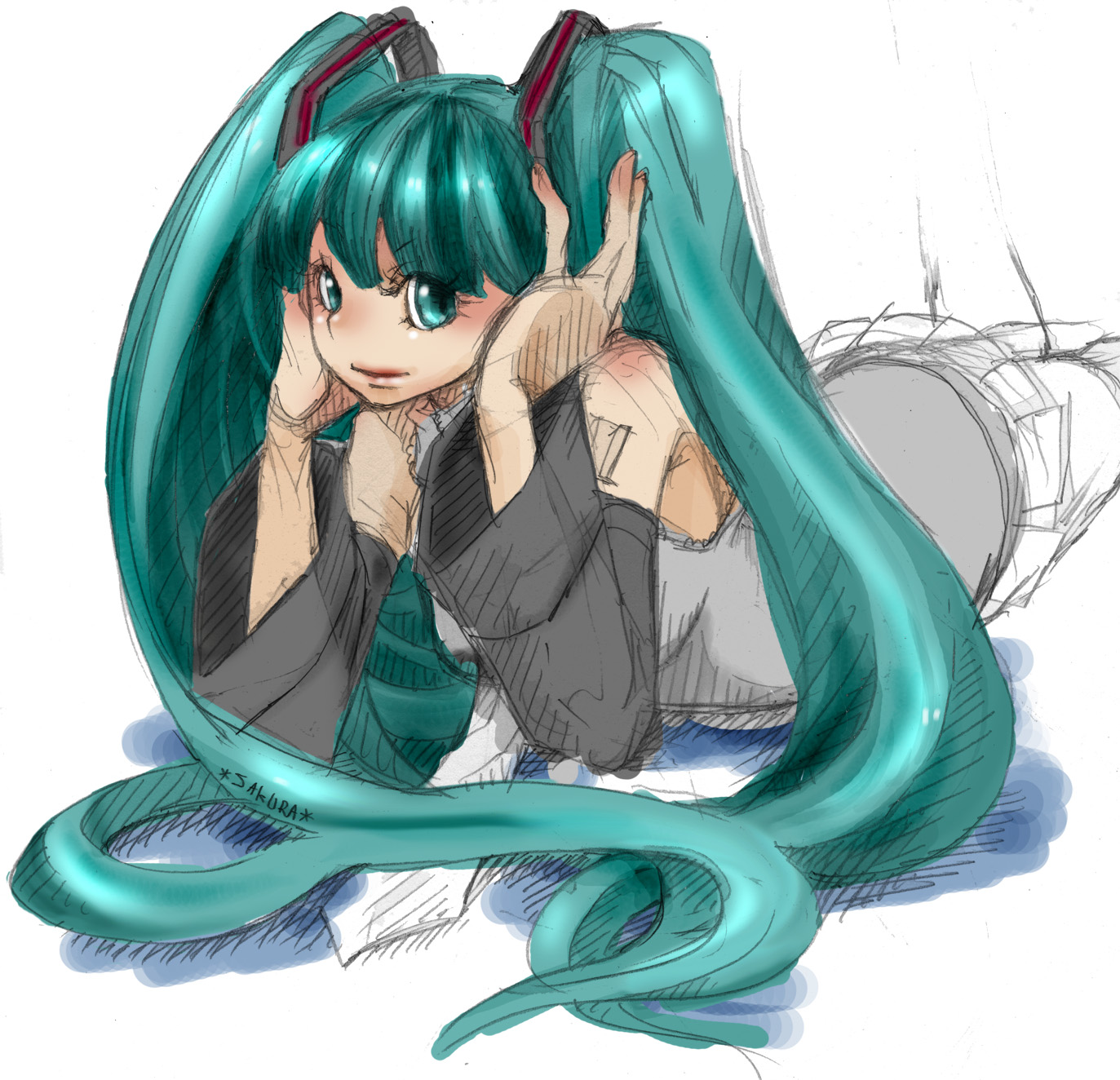 sakura (superbunnys), hatsune miku, vocaloid, bad id, bad pixiv id, highres, 1girl, aqua eyes, aqua hair, female focus, lying, sketch, smile, solo, twintails, white background