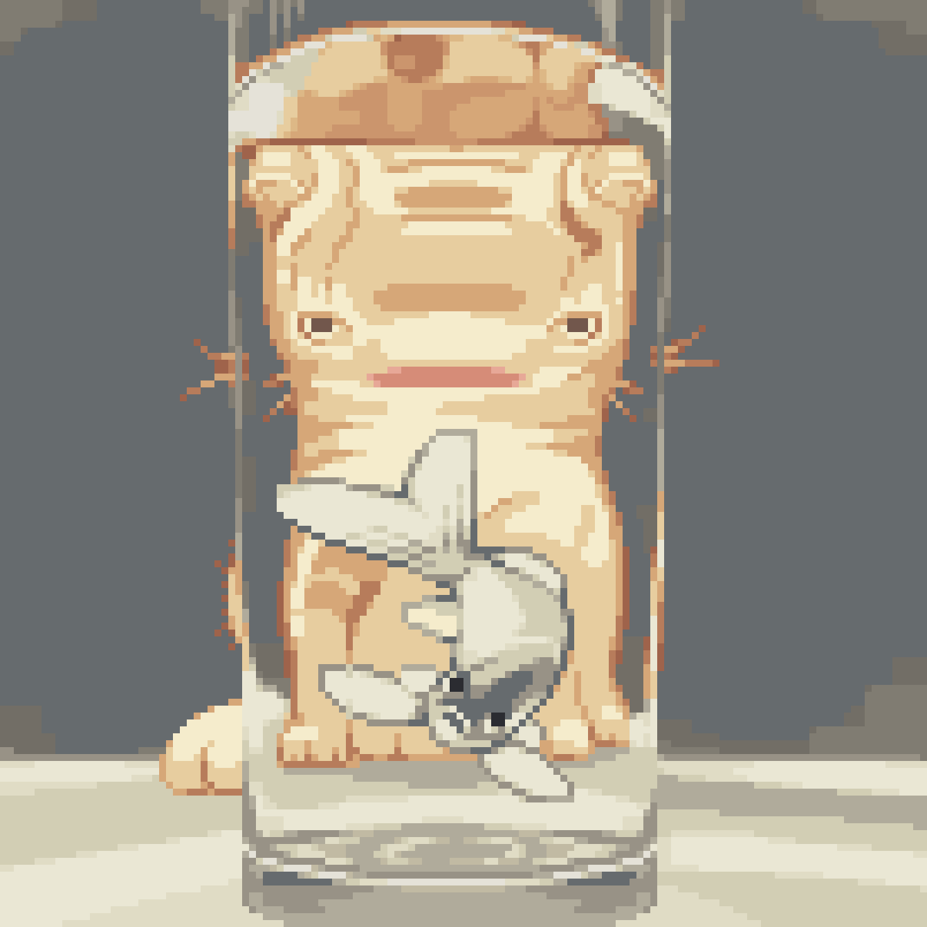 original, highres, animal, animal focus, cat, fish, glass, goldfish, looking at viewer, no humans, pixel art, refraction, sitting, still life, ventiquepxl, water
