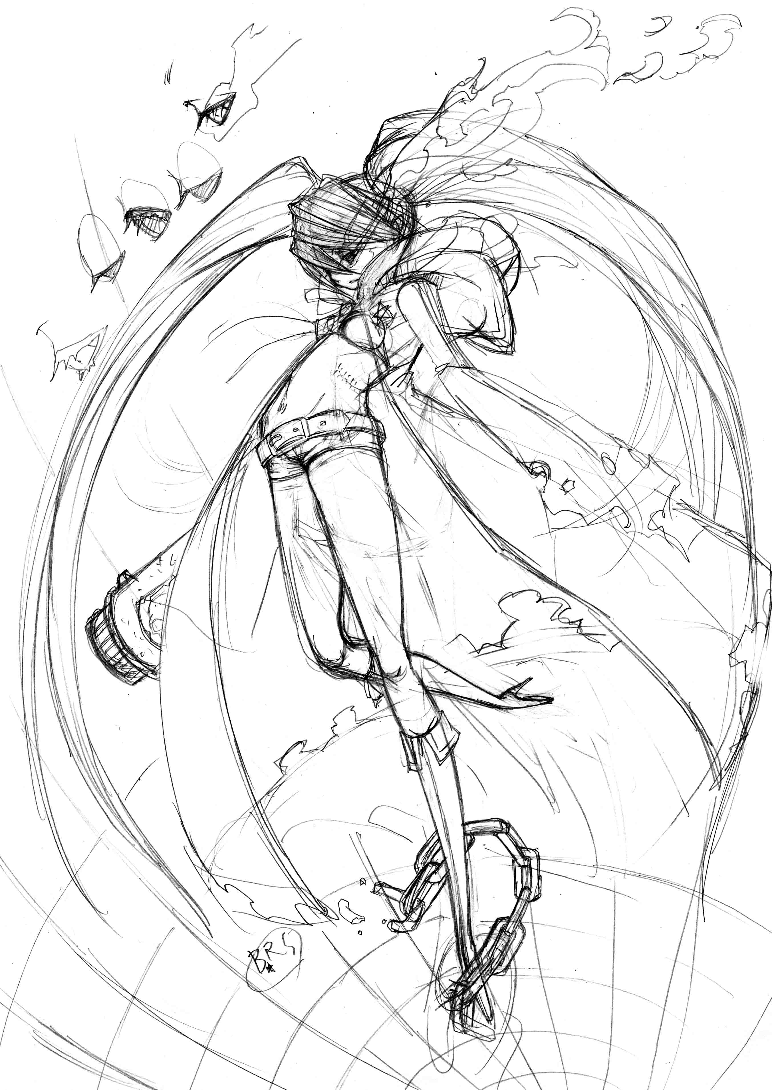 sakura (superbunnys), absurdres, bad id, bad pixiv id, highres, traditional media, unfinished, greyscale, monochrome, sketch, solo
