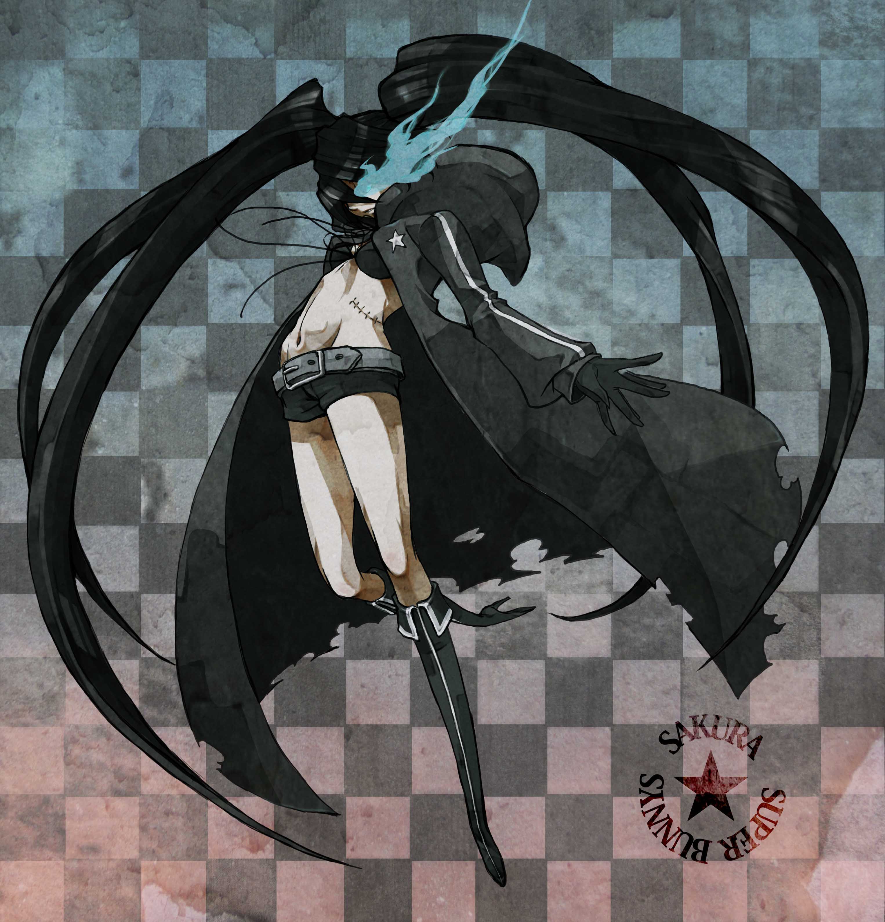 sakura (superbunnys), black rock shooter (character), black rock shooter, vocaloid, absurdres, highres, 10s, 1girl, bikini, black hair, female focus, full body, gloves, glowing, glowing eyes, scar, solo, swimsuit