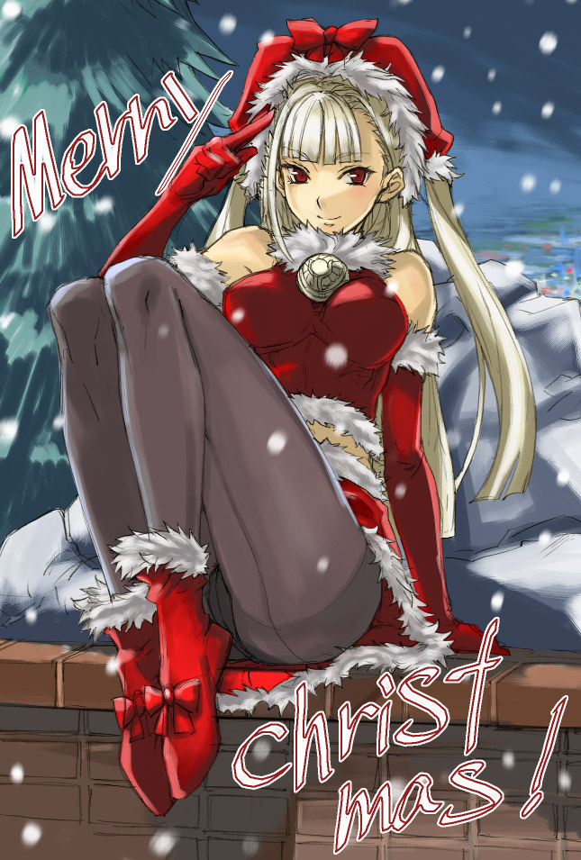 tetsu (kimuchi), ingrid (capcom), capcom, capcom fighting jam, 1girl, blonde hair, christmas, crotch seam, elbow gloves, female focus, gloves, hat, legs, legs up, long hair, long legs, miniskirt, panties, panties under pantyhose, pantyhose, pantyshot, red eyes, red gloves, santa costume, sitting, skirt, snow, solo, underwear, upskirt, white hair