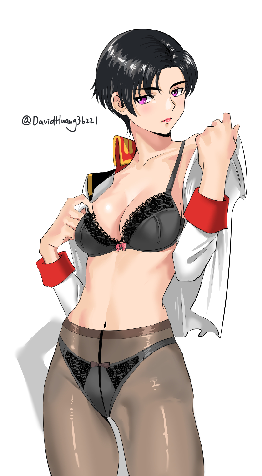 david huang, natarle badgiruel, gundam, gundam seed, highres, 1girl, black hair, blush, breasts, large breasts, lipstick, looking at viewer, makeup, military, purple eyes, short hair, solo, underwear
