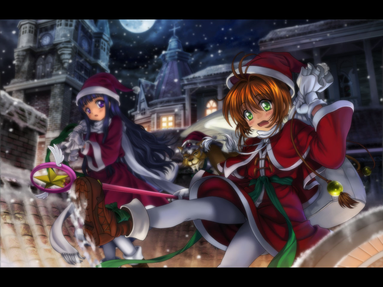 mutsuki (moonknives), daidouji tomoyo, kerberos, kero (cardcaptor sakura), kinomoto sakura, cardcaptor sakura, kodansha, white legwear, 1990s (style), 2girls, blue hair, blush, boots, bow, brown hair, capelet, christmas, gloves, green eyes, hat, hoshi no tsue, letterboxed, long hair, magical girl, moon, multiple girls, night, open mouth, pantyhose, purple eyes, red hat, retro artstyle, sack, santa costume, santa hat, scarf, short hair, snow, tripping, white gloves, white scarf