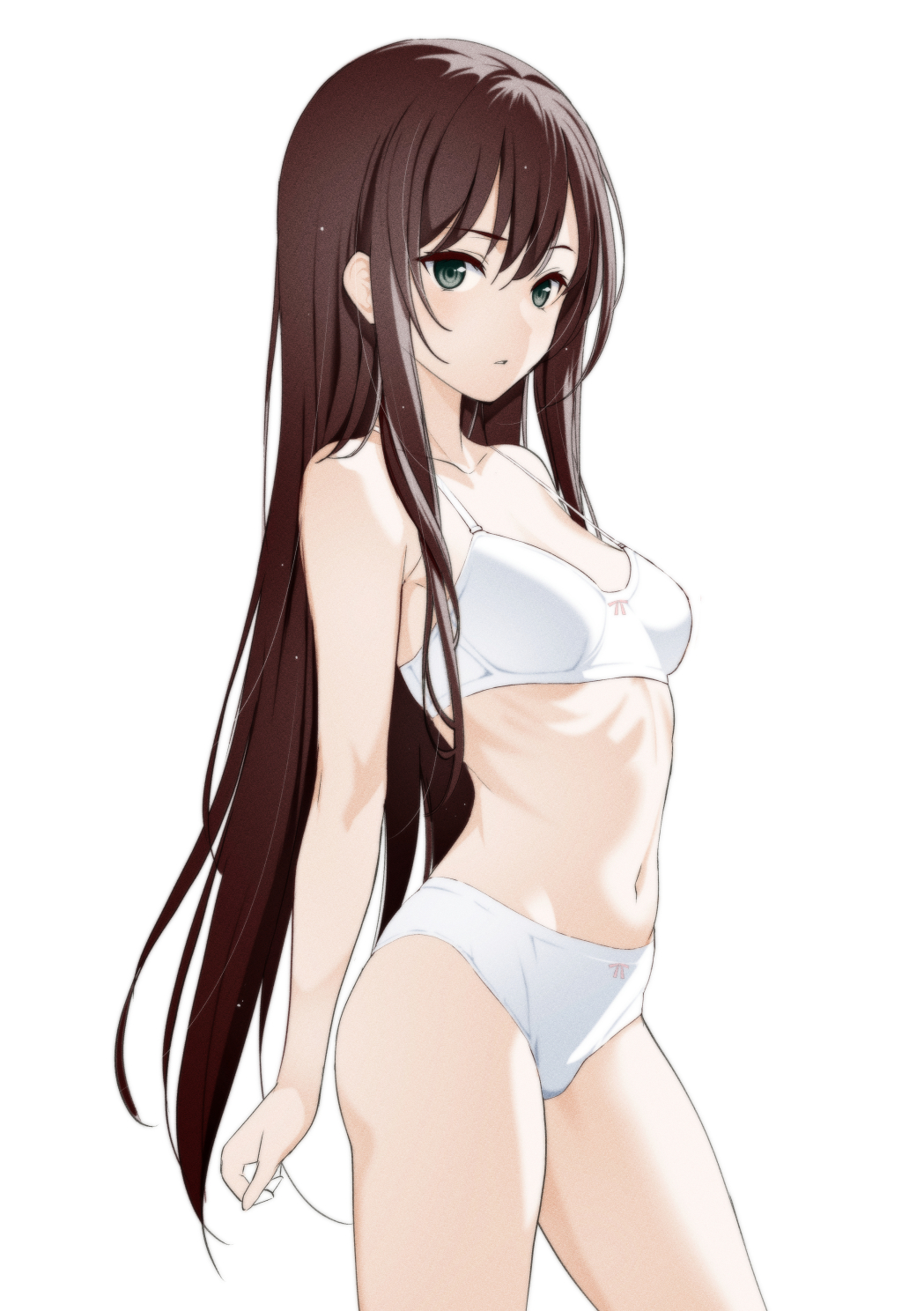 moonsorrow, original, commentary request, commission, highres, large variant set, pixiv commission, scan, variant set, 1girl, arm at side, bow, bow bra, bow panties, bra, breasts, brown hair, choppy bangs, collarbone, cowboy shot, crease, expressionless, from side, grey eyes, long hair, looking at viewer, looking to the side, medium breasts, navel, panties, parted lips, ribs, simple background, solo, standing, stomach, straight hair, underwear, underwear only, very long hair, white background, white bra, white panties