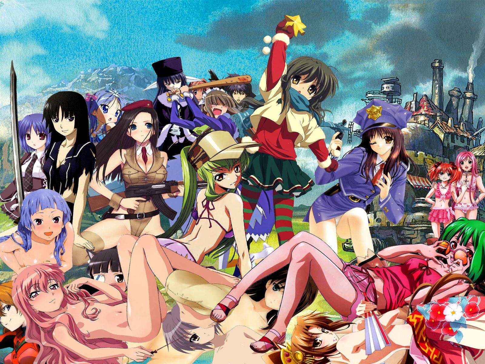 akashiya moka, amamiya yuuko, c.c., fubuki (kamen no maid guy), hiiragi kagami, ibuki fuuko, kusanagi motoko, louise francoise le blanc de la valliere, nagato yuki, nagi, ranka lee, sakamoto mio, shuzen kokoa, souryuu asuka langley, clannad, code geass, ef (visual novel), ghost in the shell, kamen no maid guy, kannagi, lucky star, macross, macross frontier, neon genesis evangelion, rosario+vampire, strike witches, suzumiya haruhi no yuuutsu, world witches series, zero no tsukaima, artist request, highres, 6+girls, ak-47, assault rifle, barefoot, bikini, blue hair, breasts, cleavage, collage, crossover, feet, green hair, gun, handgun, high heels, kalashnikov rifle, large breasts, midriff, miniskirt, multiple girls, nude, one eye closed, parody, pink hair, revolver, rifle, sandals, shoes, skirt, sunglasses, swimsuit, toes, weapon