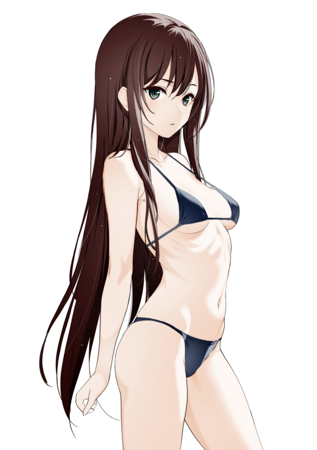 moonsorrow, original, commentary request, commission, highres, large variant set, pixiv commission, variant set, 1girl, arm at side, armpit crease, bikini, blue bikini, breasts, brown hair, choppy bangs, collarbone, cowboy shot, expressionless, from side, grey eyes, long hair, looking at viewer, looking to the side, medium breasts, navel, parted lips, ribs, simple background, solo, standing, stomach, straight hair, string bikini, swimsuit, very long hair, white background