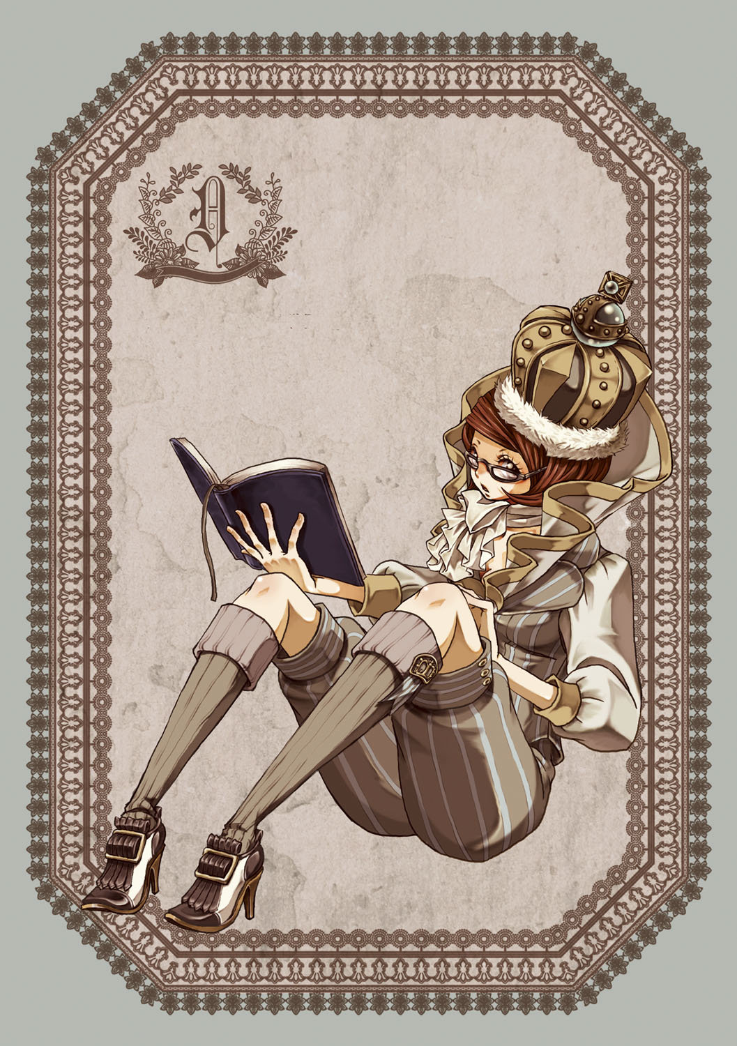 sakura (superbunnys), original, highres, book, brown eyes, brown hair, crown, glasses, sitting, solo