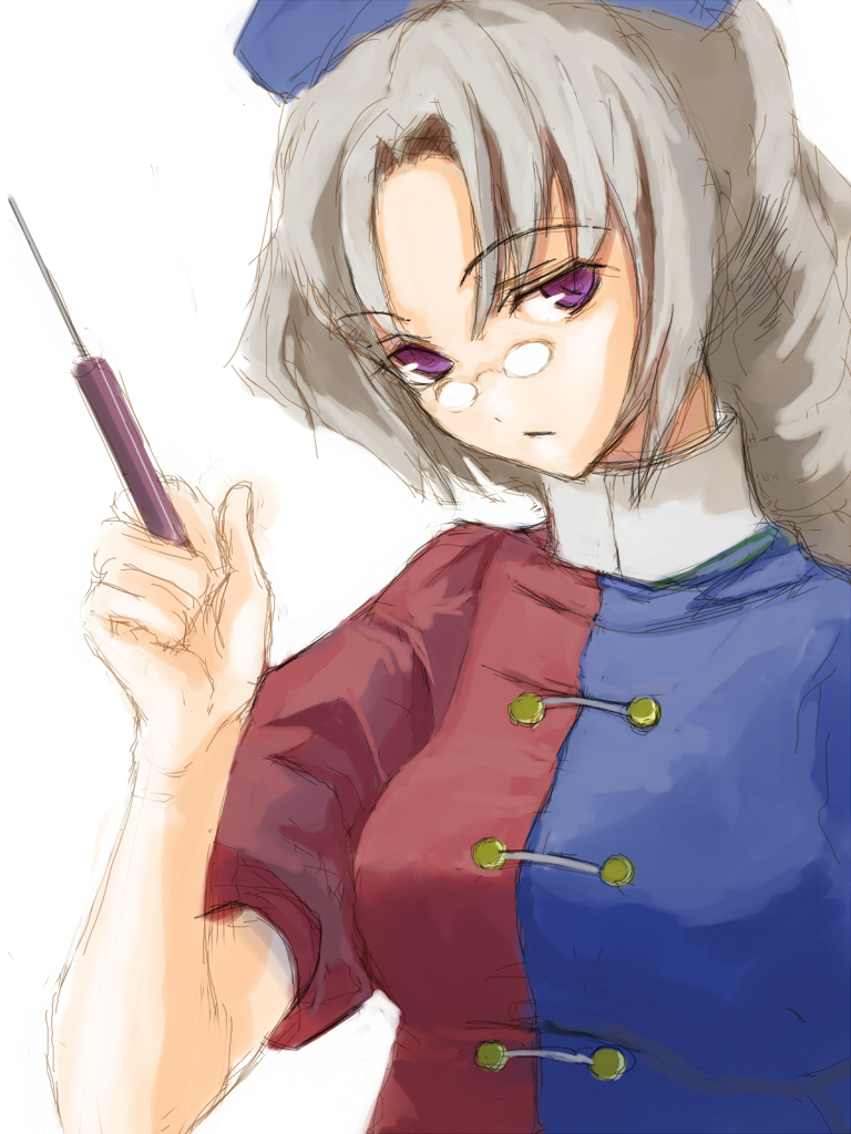 kuronuko neero, yagokoro eirin, touhou, silver hair, 1girl, breasts, female focus, glasses, hat, long hair, purple eyes, simple background, solo, upper body, white background