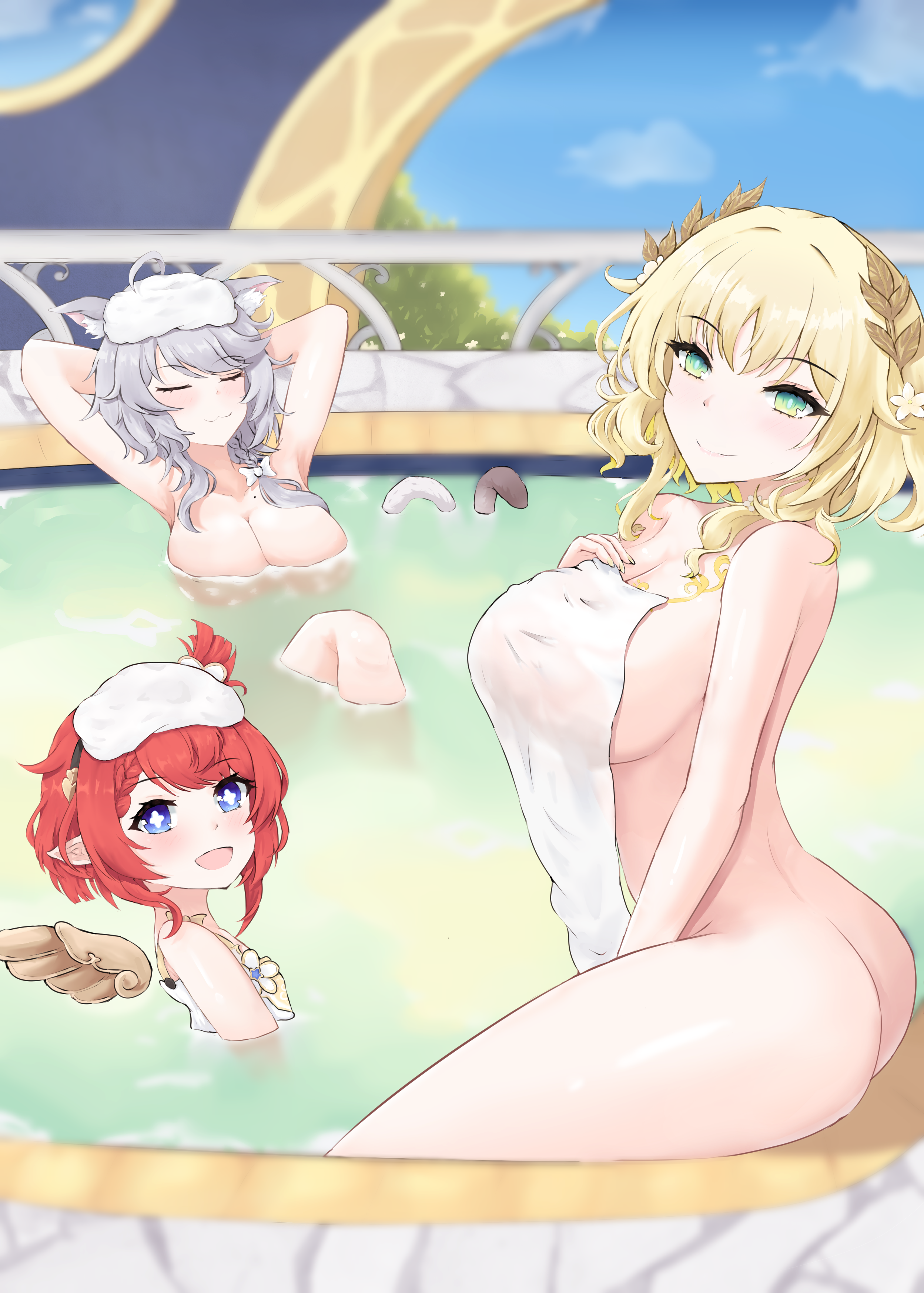revive (asee3882), aglaea (honkai: star rail), cipher (honkai: star rail), tribbie (honkai: star rail), honkai: star rail, honkai (series), absurdres, commentary request, highres, korean commentary, 3girls, angel wings, animal ear fluff, animal ears, ass, bath, bathhouse, blonde hair, blue eyes, blue sky, breasts, cat ears, cat girl, cat tail, completely nude, covering breasts, covering privates, cross-shaped pupils, green eyes, grey hair, holding, holding towel, large breasts, laurel crown, looking at viewer, multiple girls, nude, pointy ears, red hair, short hair, short hair with long locks, sky, smile, symbol-shaped pupils, tail, towel, towel on head, wings