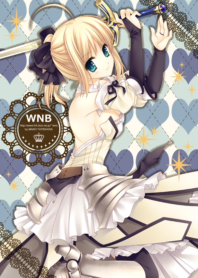tatekawa mako, wnb mark, artoria pendragon (fate), saber (fate), saber lily, capcom, fate/stay night, fate/unlimited codes, fate (series), 00s, 1girl, ahoge, armor, armored dress, dress, female focus, gauntlets, green eyes, hair ribbon, ponytail, ribbon, solo, sword, weapon