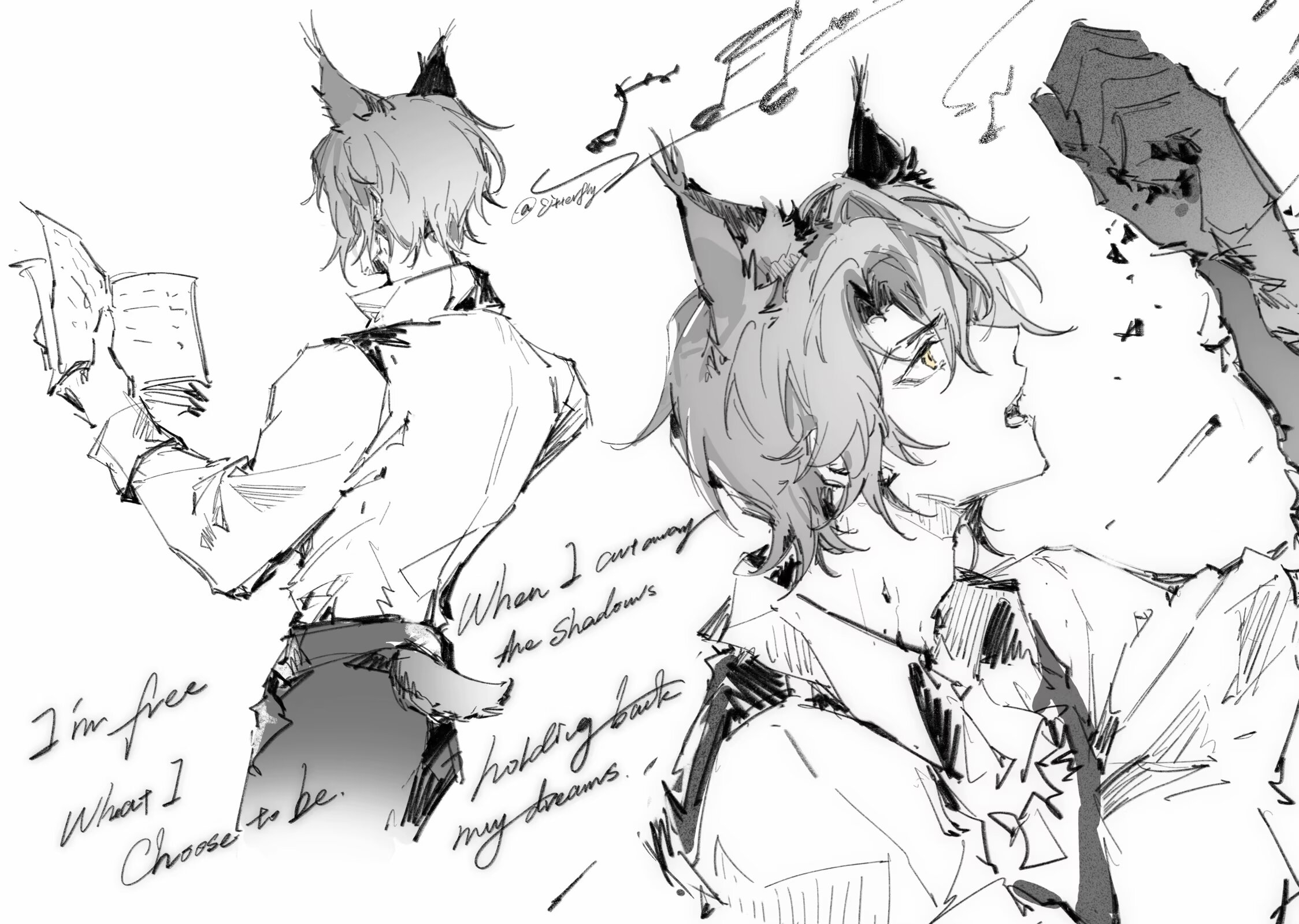 mitterfly, phantom (arknights), arknights, commentary, highres, symbol-only commentary, 1boy, animal ears, ascot, book, cat boy, cat ears, cat tail, collared shirt, cropped legs, curtained hair, english text, extra ears, from behind, from side, gloves, greyscale, hair between eyes, hand up, holding, holding book, long sleeves, looking at hand, looking up, male focus, monochrome, multiple views, music, musical note, open book, open mouth, pants, popped collar, profile, reading, shirt, short hair, simple background, singing, sleeve cuffs, solo, standing, tail, upper body, vest, white background