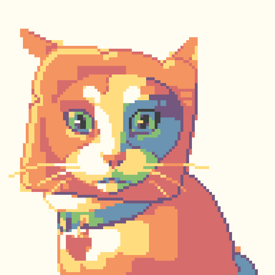original, animal, animal focus, bread, bread slice, cat, collar, food, food-themed clothes, looking at viewer, no humans, orange theme, pixel art, surprised, ventiquepxl, wide-eyed