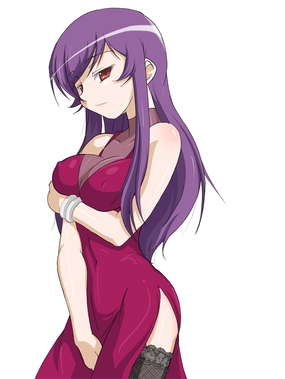 usami usa g, tieria erde, gundam, gundam 00, bad id, bad pixiv id, 00s, 1boy, bare shoulders, between thighs, covered erect nipples, crossdressing, crossdressing (mtf), dress, long hair, male focus, purple hair, red eyes, solo, thighhighs, thighs, titeria, trap