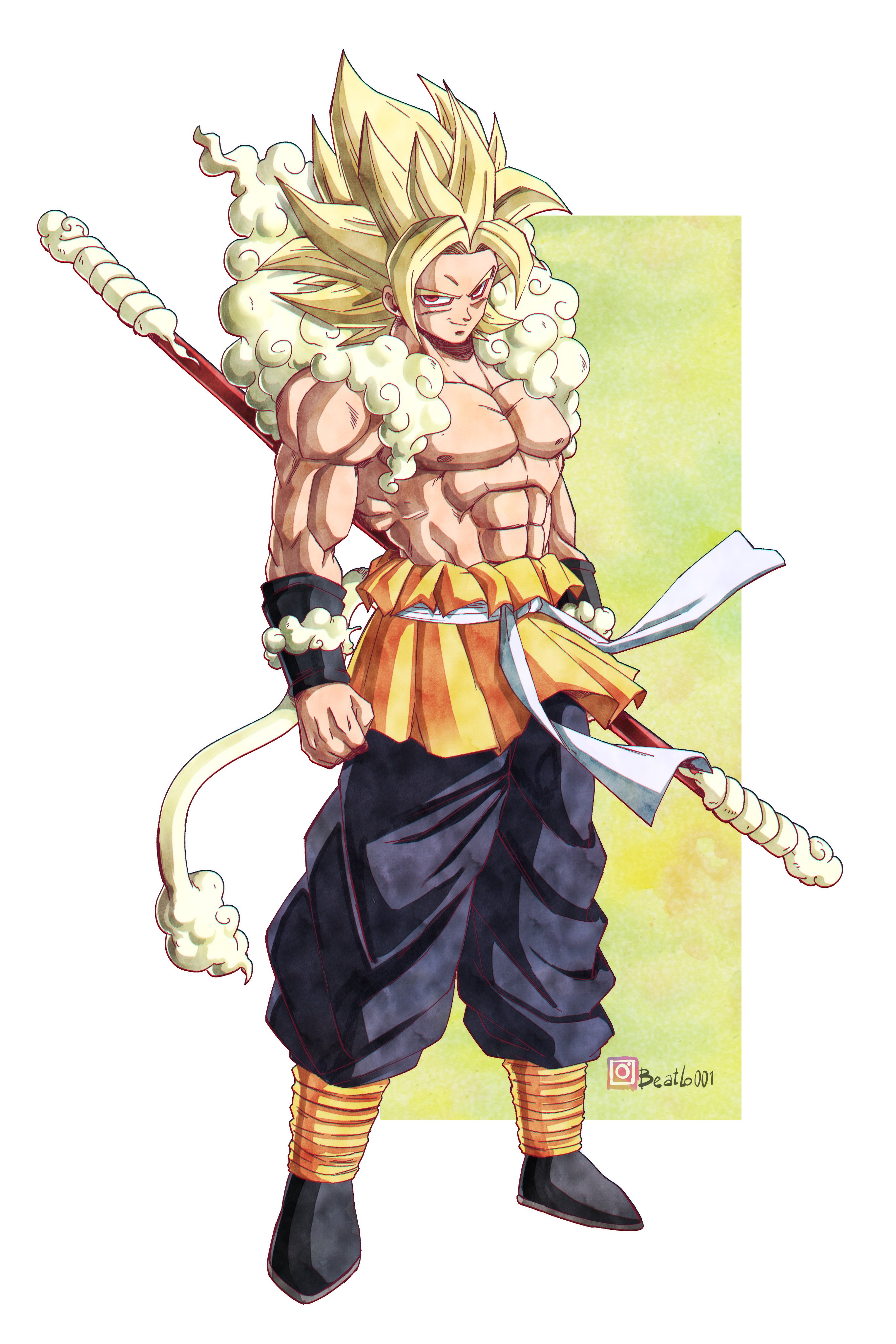 beatlo (rodrigo38658978), son goku, dragon ball, dragonball z, absurdres, highres, 1boy, abs, alternate costume, artist name, chinese clothes, cloud, full body, hagoromo, holding, holding staff, holding weapon, instagram username, large pectorals, monkey tail, muscular, muscular male, official style, pectorals, red eyes, redesign, ruyi jingu bang, sash, shawl, smirk, solo, spiked hair, staff, super saiyan, tail, topless male, toriyama akira (style), v-shaped eyes, weapon, white sash