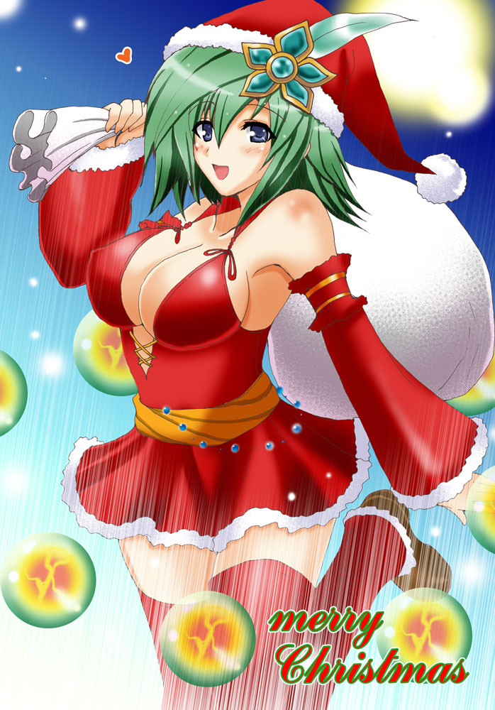 yasakani an, rydia (adult) (ff4), rydia (ff4), final fantasy, final fantasy iv, 1990s (style), 1girl, aged up, bag, breasts, christmas, cleavage, covered erect nipples, female focus, green hair, heart, large breasts, magic, retro artstyle, sack, santa costume, solo, thighhighs