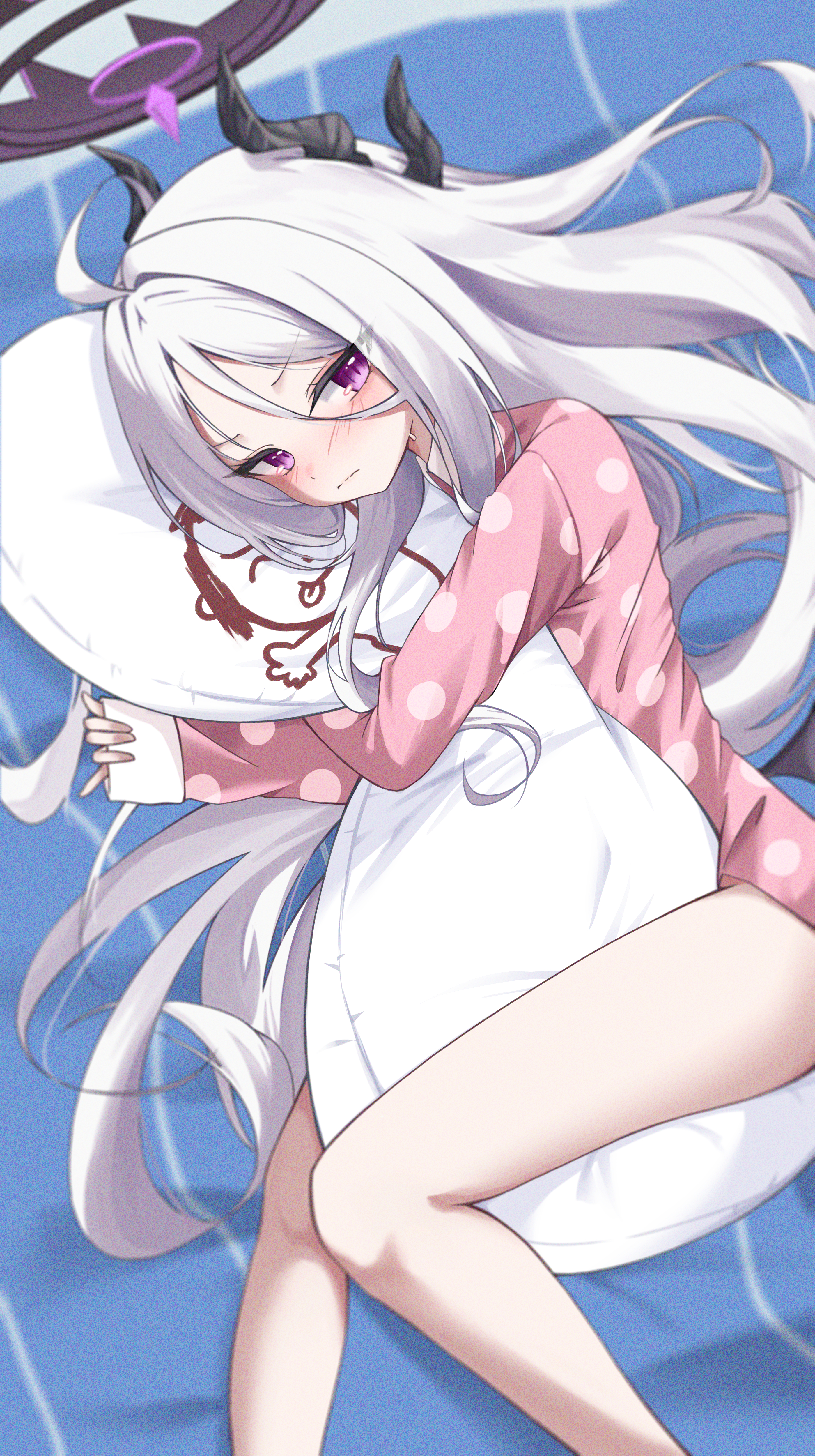 drawppyo, hina (blue archive), hina (pajamas) (blue archive), blue archive, absurdres, commentary request, highres, 1girl, black halo, black horns, blush, closed mouth, dakimakura (object), demon horns, halo, horns, hugging object, long hair, long sleeves, lying, multiple horns, official alternate costume, on side, pajamas, pillow, pink pajamas, purple eyes, solo, very long hair, white hair