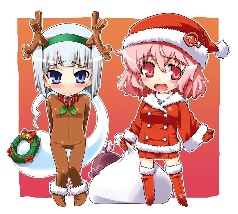 gengorou, konpaku youmu, konpaku youmu (ghost), mystia lorelei, saigyouji yuyuko, touhou, silver hair, bad id, bad pixiv id, 2girls, animal costume, bell, blue eyes, blush, chibi, christmas, collar, female focus, ghost, hairband, hat, hitodama, horns, multiple girls, pink eyes, pink hair, reindeer costume, ribbon, santa costume, short hair, thighhighs, wreath
