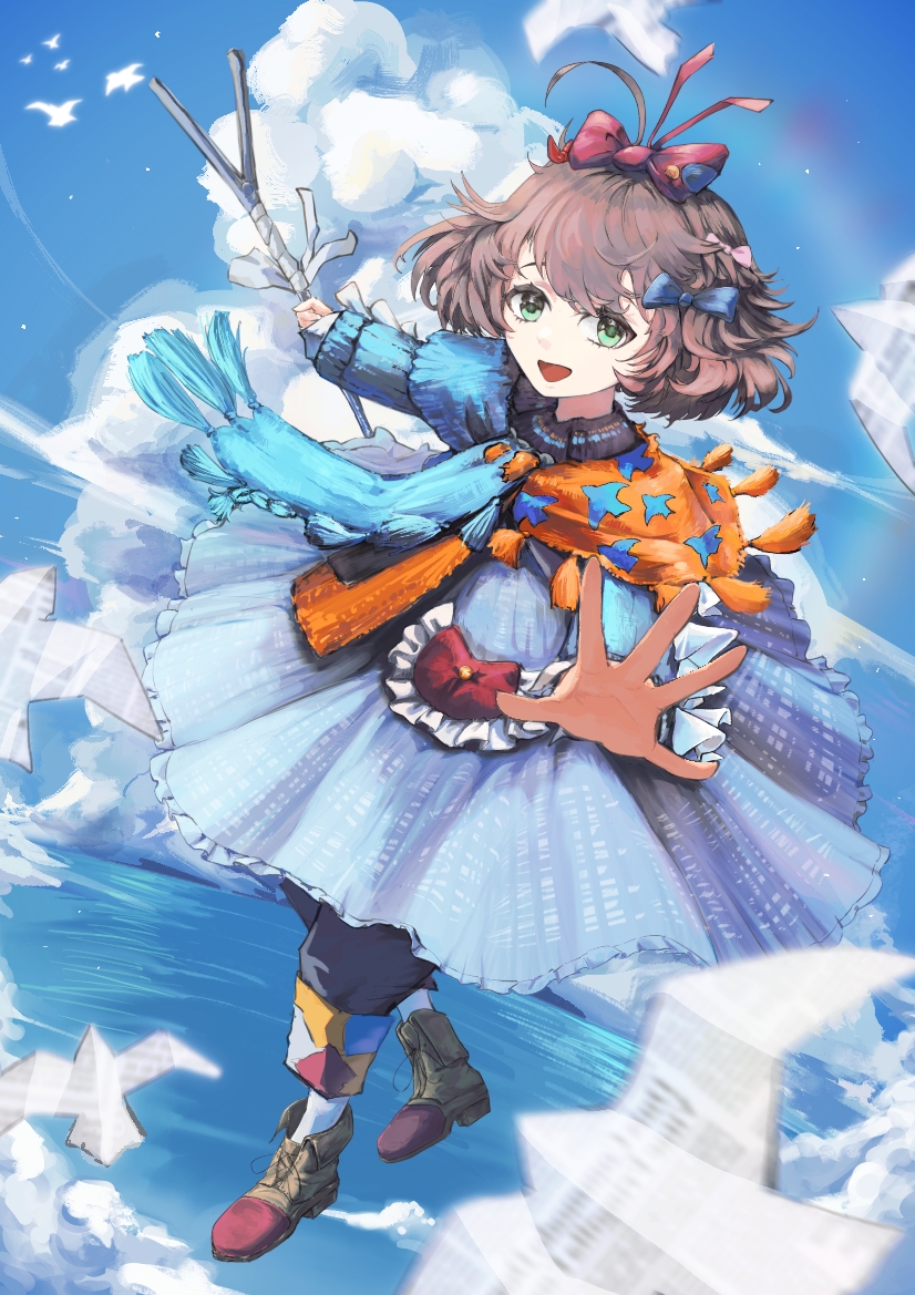 buttercat, flutterpage, reverse:1999, 1girl, :d, ahoge, ankle boots, blue bow, blue dress, blue eyes, blue scarf, blue sky, boots, bow, brown boots, brown hair, cloud, cloudy sky, dress, floating, full body, hair bow, holding, holding rod, long dress, looking at viewer, multiple hair bows, ocean, open mouth, orange scarf, origami, outstretched arm, pants, pants under dress, paper crane, pink bow, rod, scarf, short hair, sky, smile, solo, two-tone scarf