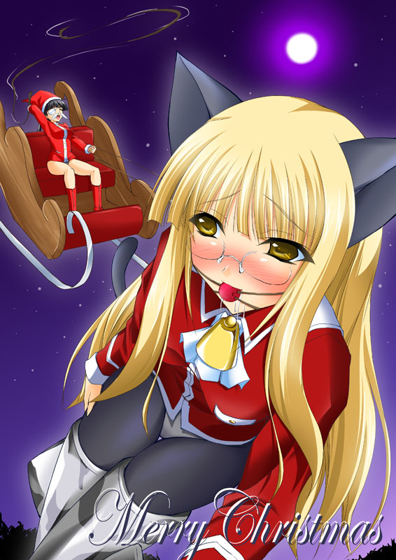 maho (yakimorokoshi), perrine h. clostermann, sakamoto mio, strike witches, world witches series, 00s, 2girls, animal ears, ball gag, bdsm, black hair, blonde hair, blush, cat ears, christmas, eyepatch, gag, gagged, glasses, long hair, multiple girls, panties, panties under pantyhose, pantyhose, santa costume, sleigh, underwear