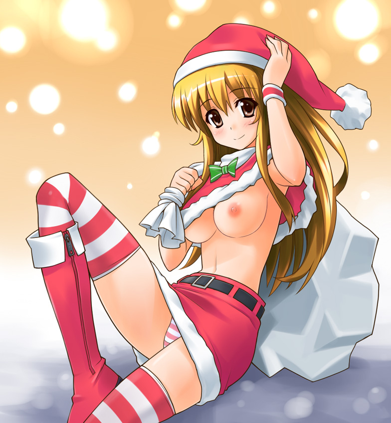 itoji, original, 1girl, bag, blonde hair, boots, breasts, brown eyes, capelet, christmas, female focus, flapper shirt, hat, knee boots, long hair, medium breasts, miniskirt, nipples, no bra, panties, pantyshot, sack, santa costume, santa hat, shirt, sitting, skirt, snow, solo, striped clothes, striped panties, striped thighhighs, thighhighs, underboob, underwear