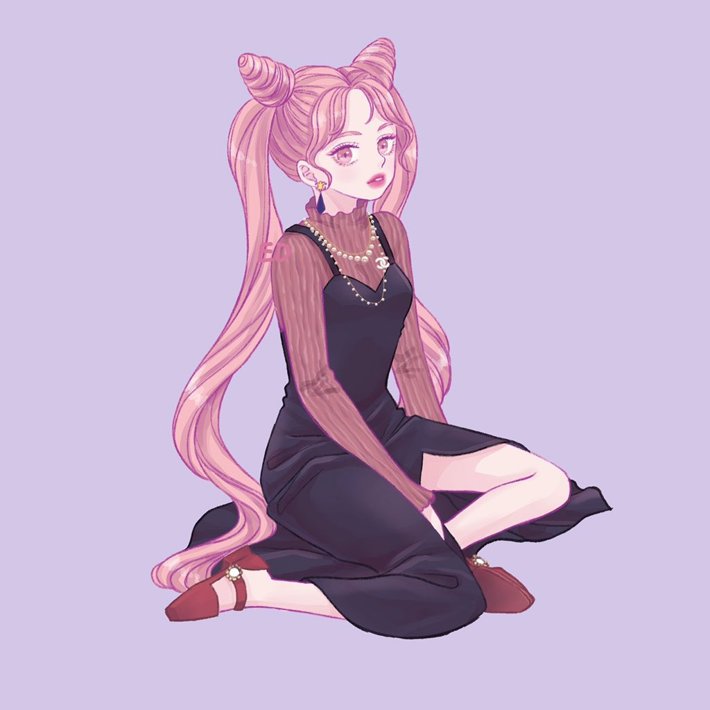 chibi usa, bishoujo senshi sailor moon, commentary request, korean commentary, 1girl, aged up, black dress, chanel, dress, earrings, eundi ed, eyelashes, jewelry, necklace, parted lips, pearl necklace, pink eyes, pink hair, purple background, sidelocks, sitting, solo, twintails, yokozuwari