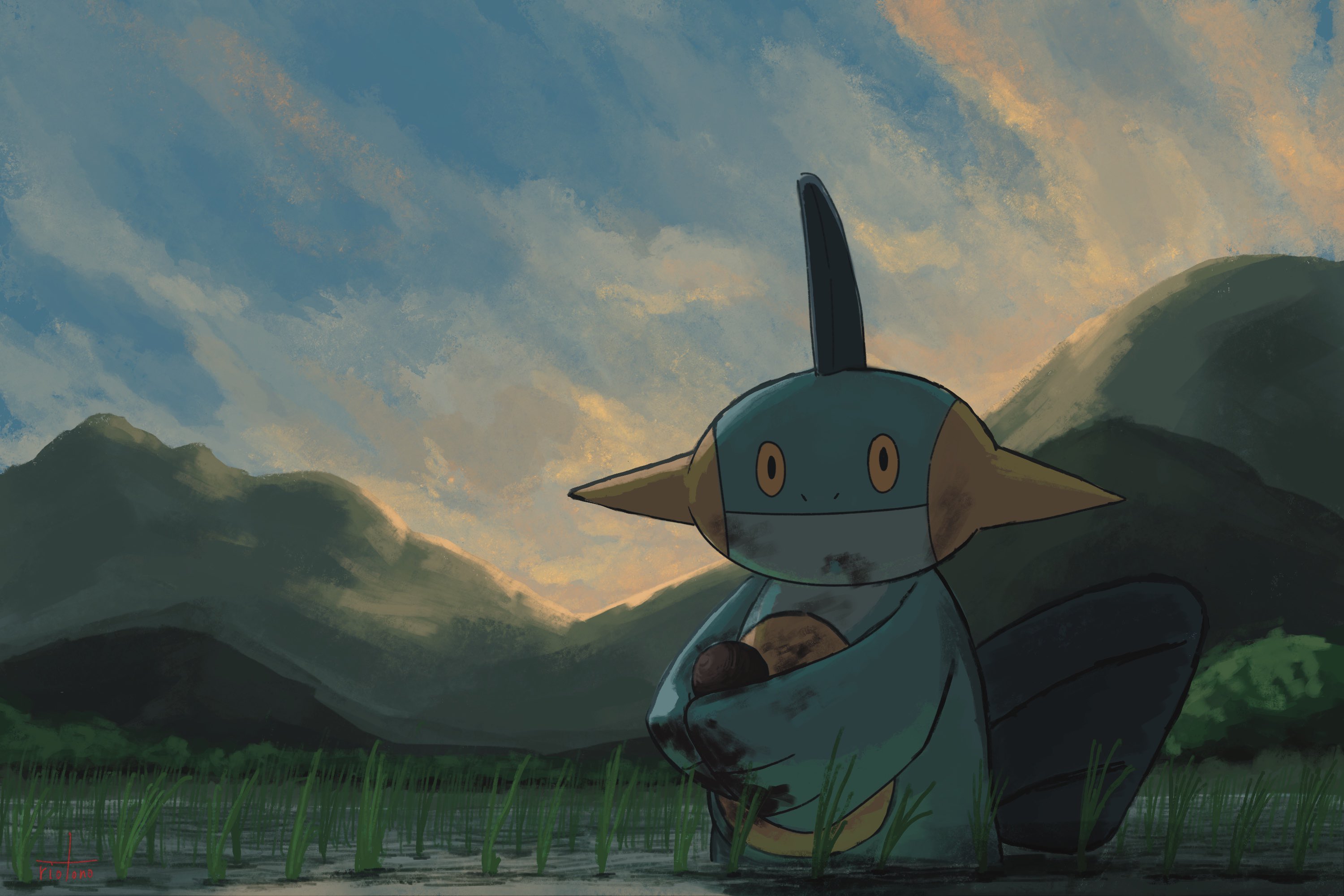 riotono 0643, marshtomp, nintendo, pokemon, highres, blue sky, closed mouth, cloud, colored sclera, fins, gen 3 pokemon, holding, looking at viewer, mountainous horizon, mud, no humans, orange sclera, outdoors, pokemon (creature), pokemon focus, rice paddy, sky, sunrise, tail, water