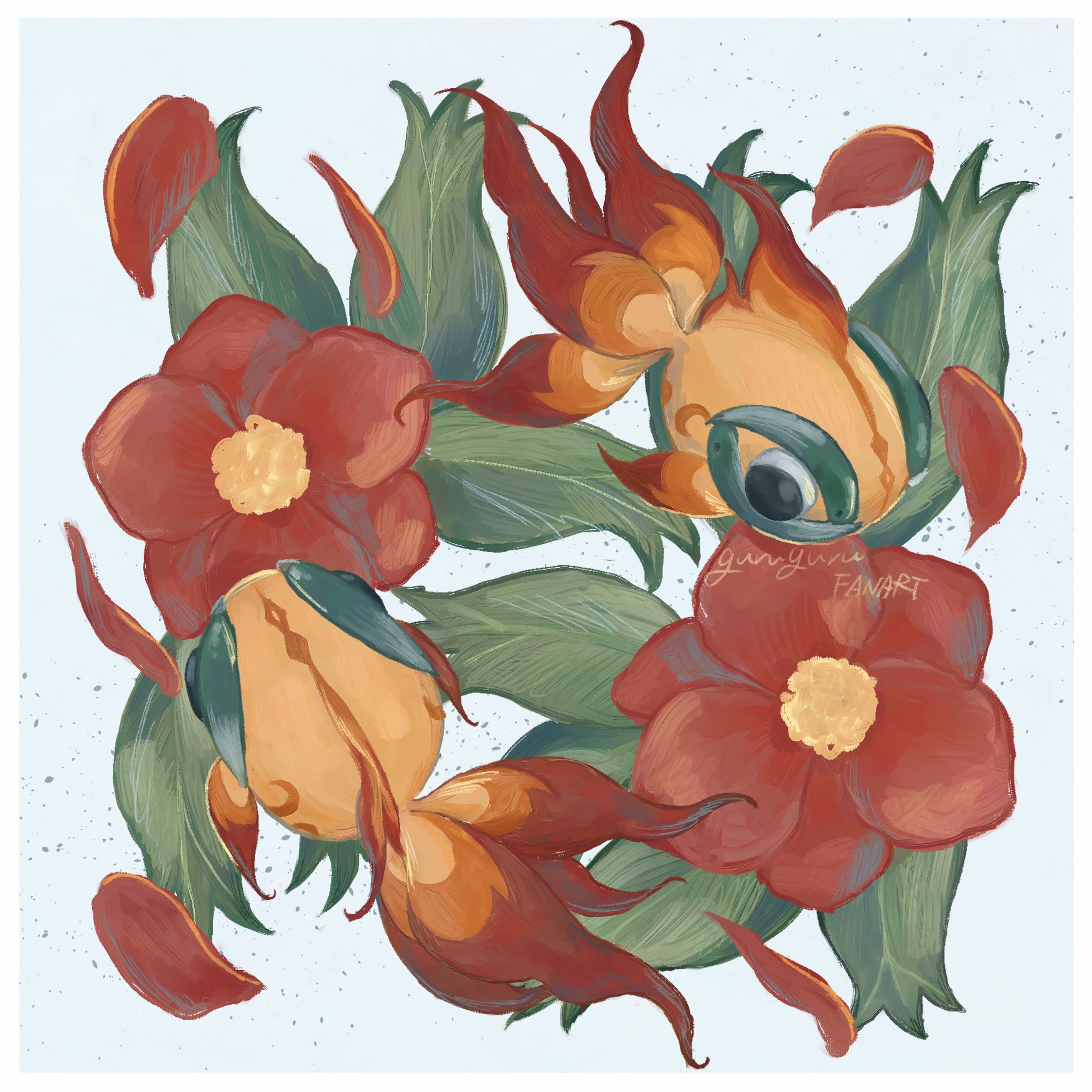 omochi (aoi guruguru), chi-yu (pokemon), nintendo, pokemon, highres, animal focus, black eyes, fins, fish, flower, full body, goldfish, leaf, no humans, petals, pokemon (creature), pokemon focus, tail