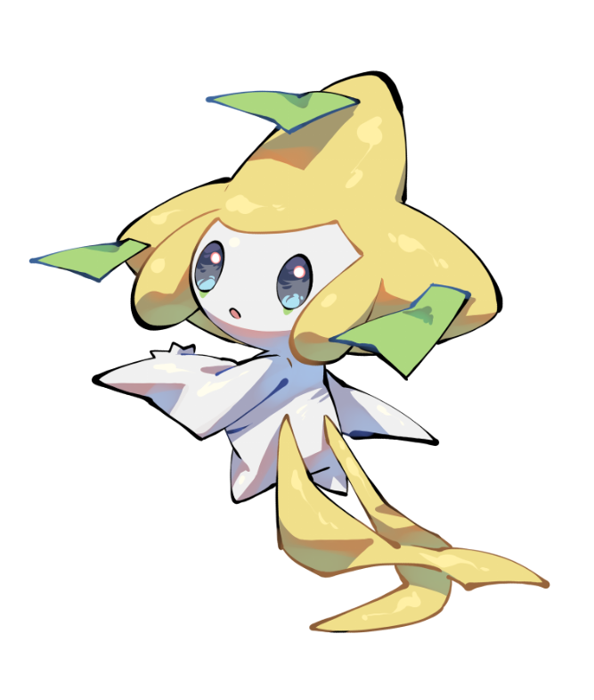 yumeminoideyu2, jirachi, nintendo, pokemon, 1other, :o, blue eyes, colored skin, floating, full body, gen 3 pokemon, legendary pokemon, looking at viewer, mythical pokemon, open mouth, other focus, pokemon (creature), pokemon focus, ribbon, simple background, solo, tanzaku, white background, white skin, yellow ribbon