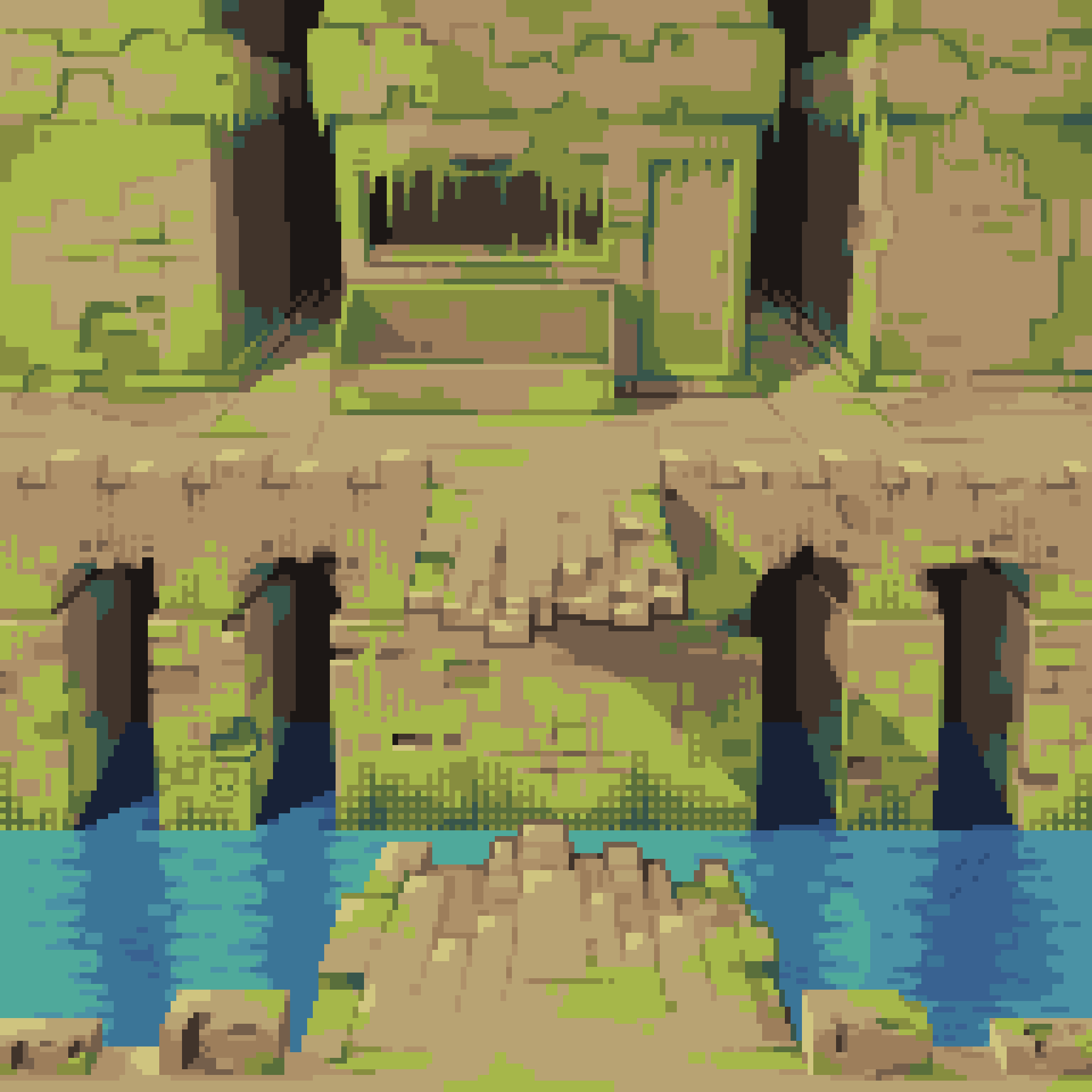 original, highres, arch, bridge, broken bridge, day, moss, no humans, outdoors, overgrown, pixel art, river, ruins, scenery, stone bridge, ventiquepxl