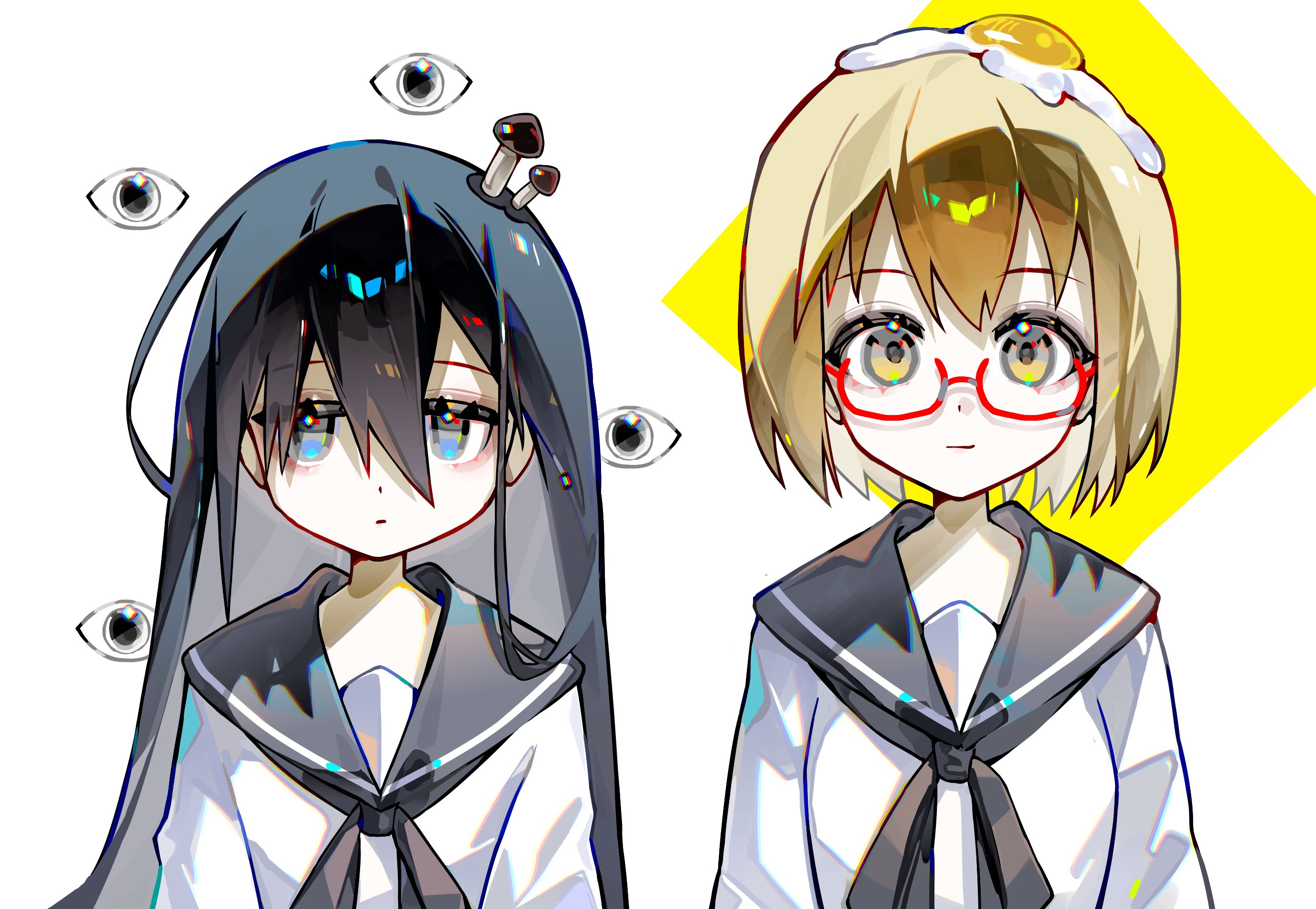 hiro (yoshi chan), tsukishima shijima, yamashita majime, shimeji simulation, highres, 2girls, black hair, black neckerchief, black sailor collar, blonde hair, blue eyes, diamond (shape), disembodied eye, expressionless, food, food on head, fried egg, glasses, long hair, multiple girls, mushroom on head, neckerchief, object on head, red-framed eyewear, sailor collar, school uniform, shirt, short hair, smile, white background, white shirt, yellow eyes