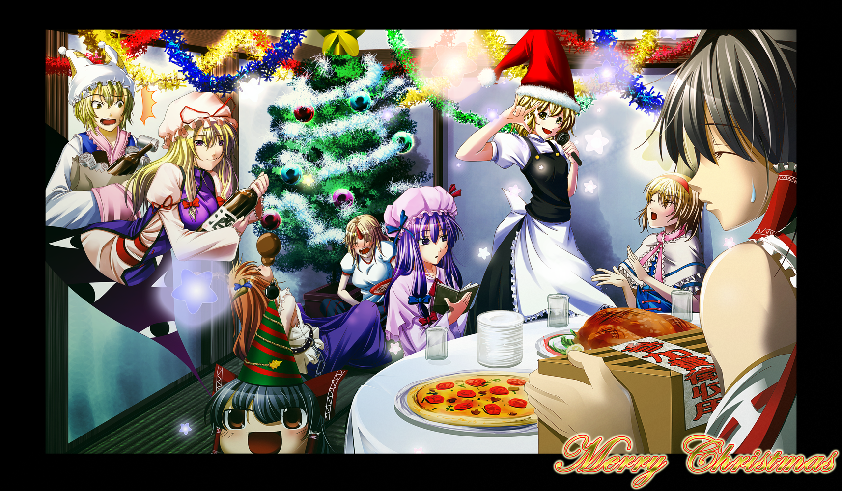 ajishio, alice margatroid, hakurei reimu, hoshiguma yuugi, ibuki suika, kirisame marisa, patchouli knowledge, yakumo ran, yakumo yukari, touhou, highres, 6+girls, bad anatomy, blonde hair, christmas, female focus, food, horns, m/, multiple girls, party, pizza, poorly drawn, seikan hikou, single horn, table, turkey (bird), yukkuri shiteitte ne