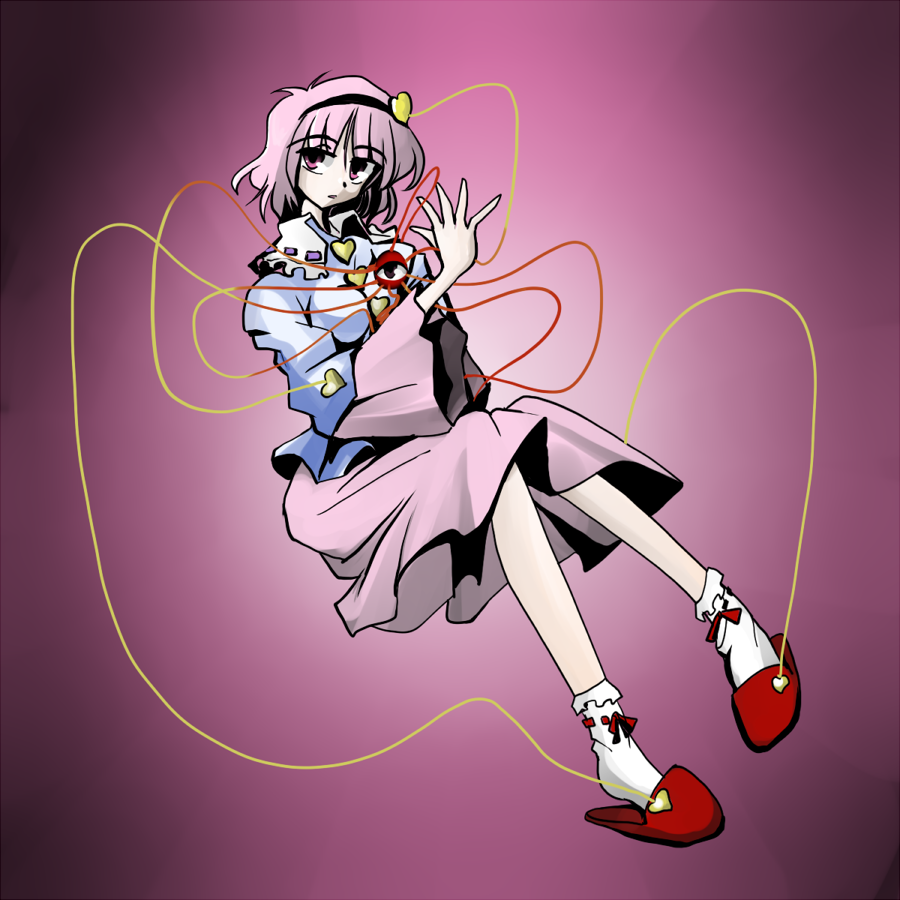kieyza, kiezya, komeiji satori, touhou, black legwear, 1girl, blunt bangs, female focus, hairband, heart, long sleeves, looking at viewer, pink hair, pink skirt, short hair, skirt, solo, string