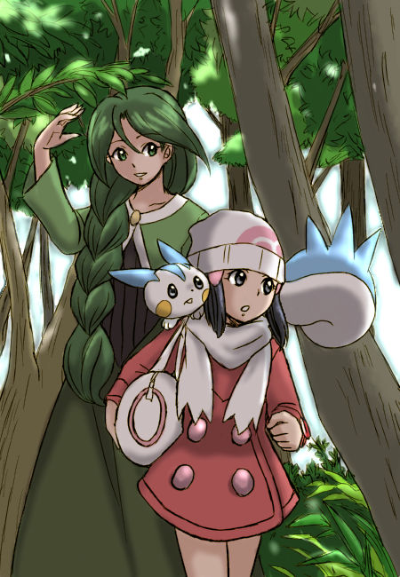 kosumo (kosuhoshi), cheryl (pokemon), dawn (pokemon), pachirisu, nintendo, pokemon, pokemon dppt, 00s, 2girls, alternate costume, blue eyes, blue hair, braid, forest, gen 4 pokemon, green eyes, green hair, hair over shoulder, hat, multiple girls, nature, pokemon (creature), single braid, winter clothes