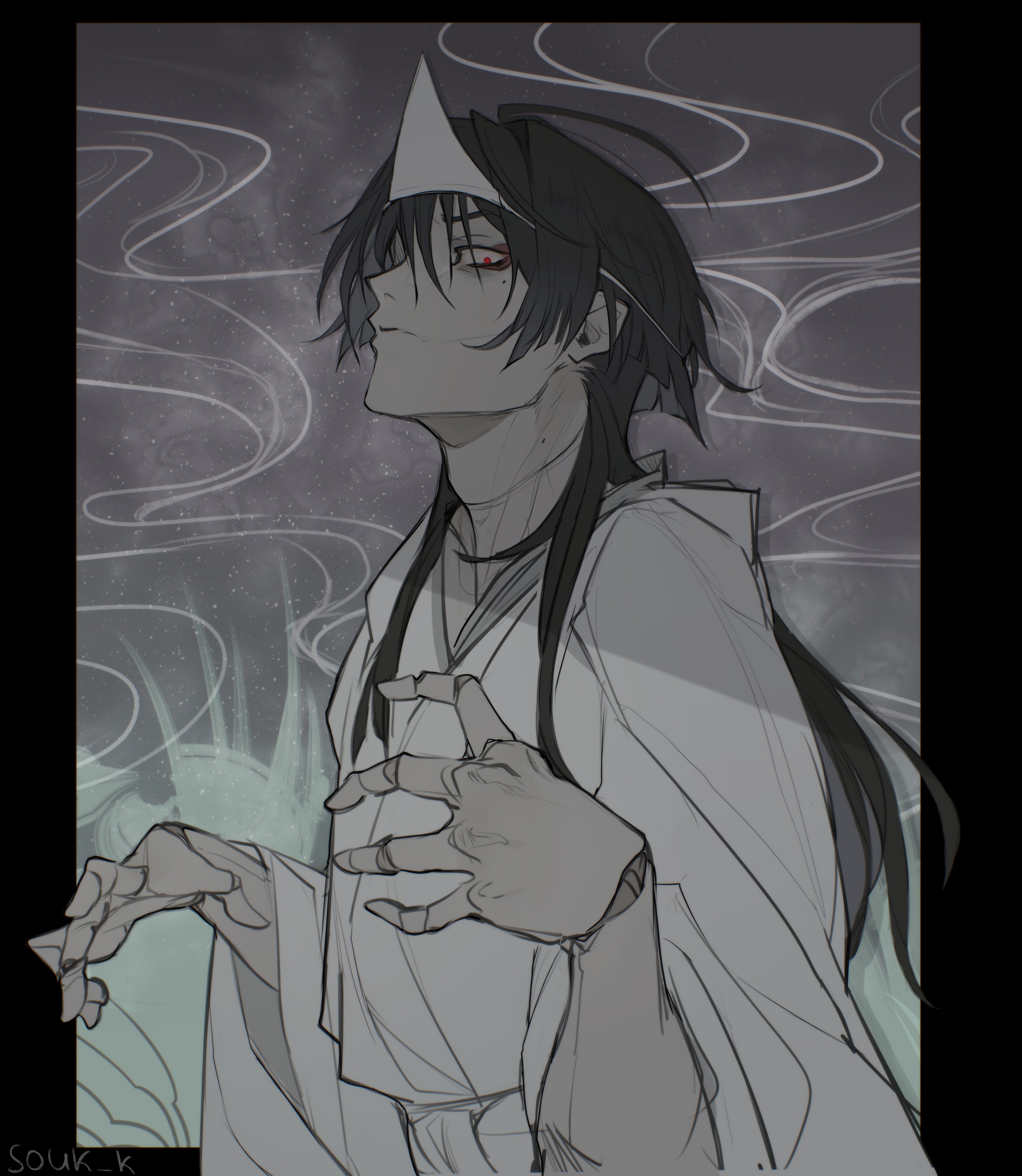 scaramouche (genshin impact), genshin impact, absurdres, hashtag-only commentary, highres, 1boy, adam's apple, aksakajay, alternate costume, artist name, black border, border, closed mouth, eyeliner, joints, looking at viewer, makeup, male focus, mole, mole under eye, outside border, red eyeliner, red pupils, solo