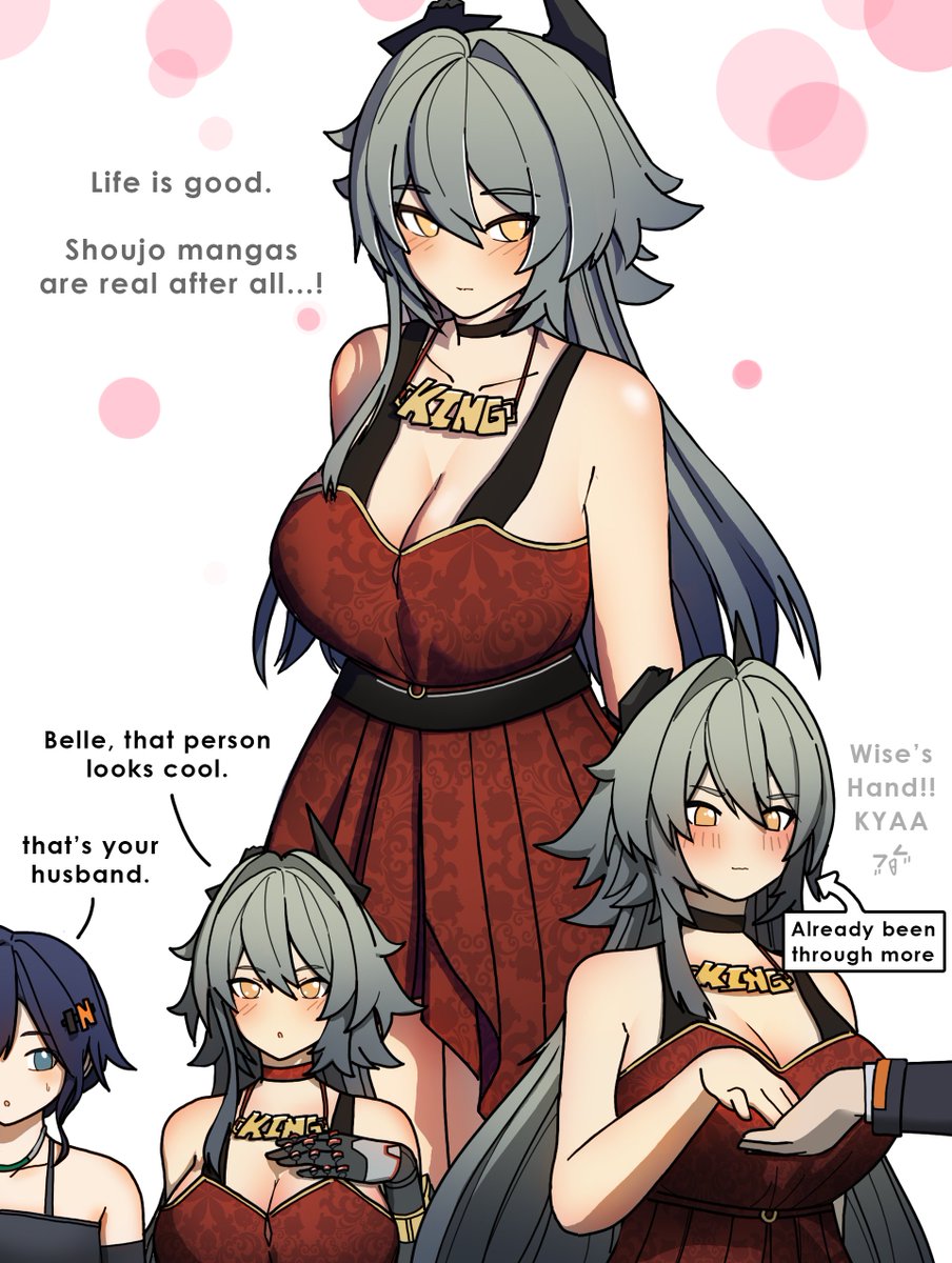 dorahdew, belle (zenless zone zero), caesar king (zenless zone zero), wise (zenless zone zero), zenless zone zero, highres, 2girls, blue eyes, breasts, brother and sister, bubble background, cleavage, disembodied hand, dress, green eyes, large breasts, long hair, multiple girls, multiple views, red dress, siblings, very long hair, white background