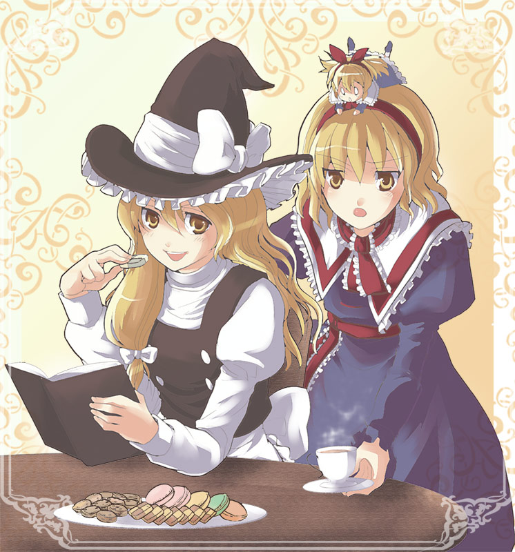 ibuki hasu, alice margatroid, kirisame marisa, shanghai doll, touhou, 2girls, blonde hair, checkerboard cookie, cookie, cup, eating, female focus, food, hairband, hat, long hair, macaron, multiple girls, plate, ribbon, short hair, sitting, table, tea, teacup, witch, witch hat, yellow eyes