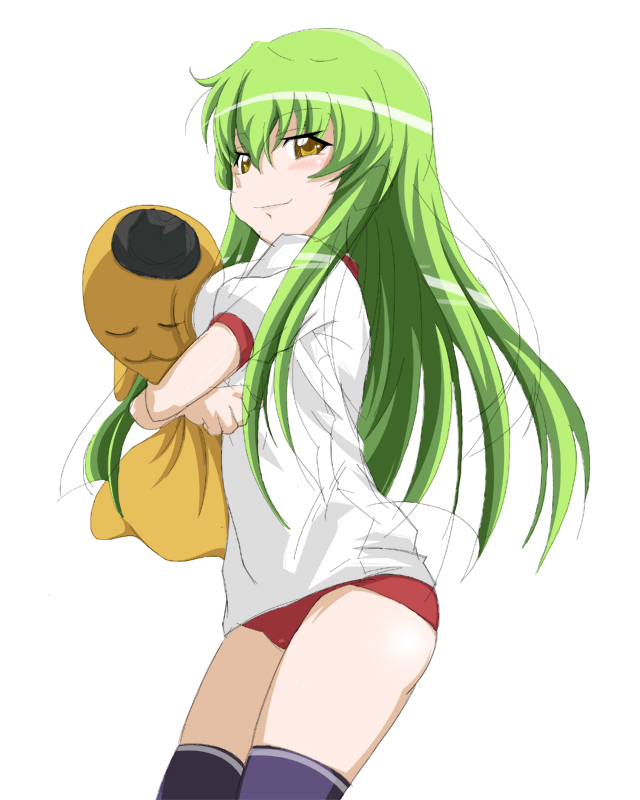 usami usa g, c.c., cheese-kun, code geass, pizza hut, bad id, bad pixiv id, 00s, 1girl, aged down, buruma, female focus, green hair, gym uniform, hug, long hair, solo, thighhighs