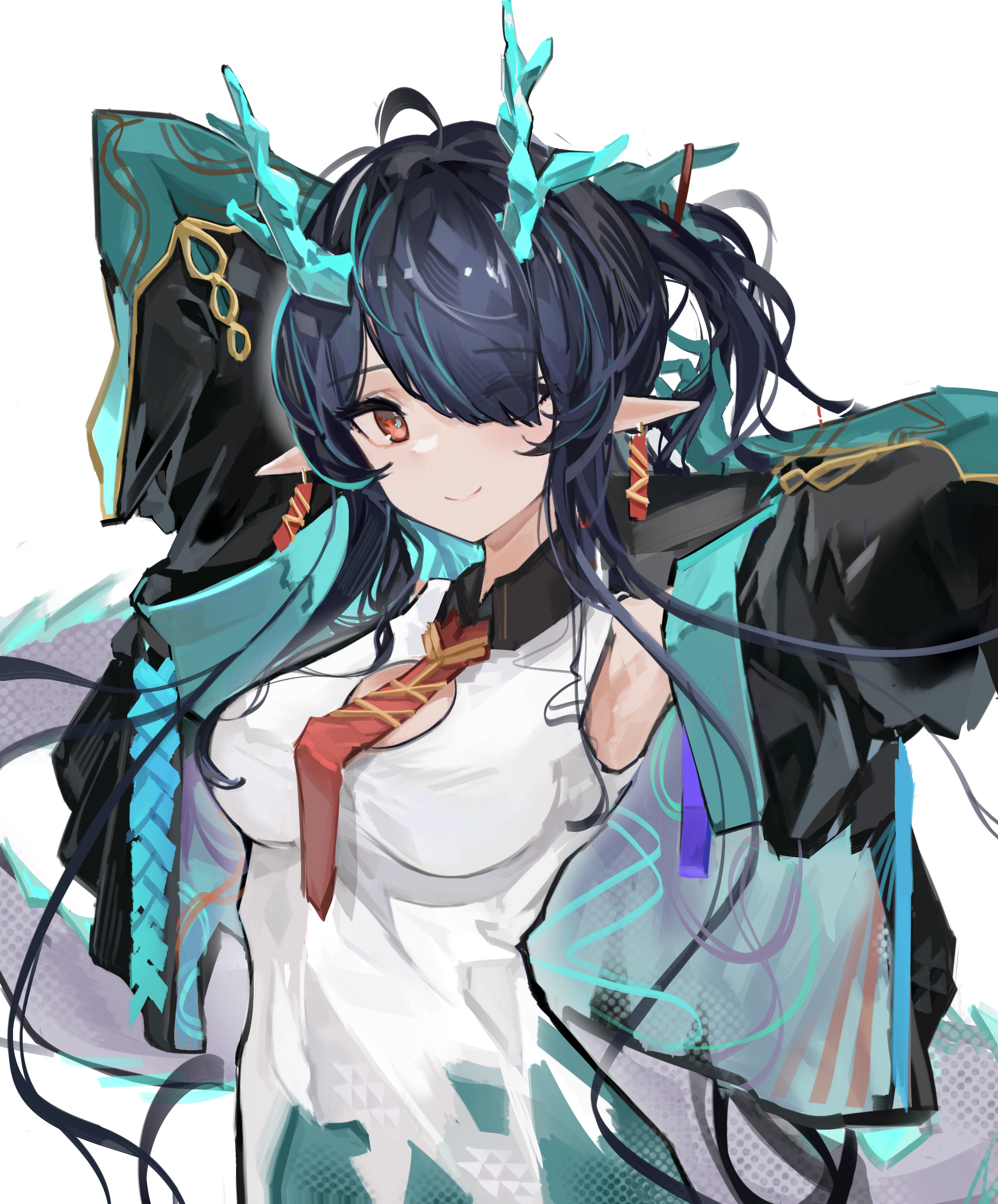 meihina, dusk (arknights), arknights, absurdres, highres, 1girl, alternate hairstyle, aqua hair, aqua horns, black hair, black jacket, breasts, colored extremities, colored skin, dragon girl, dragon horns, dress, earrings, green hands, green skin, hair over one eye, horns, jacket, jewelry, looking at viewer, multicolored hair, necktie, pointy ears, red eyes, red necktie, sleeveless, sleeveless dress, smile, solo, streaked hair, tassel, tassel earrings, white dress