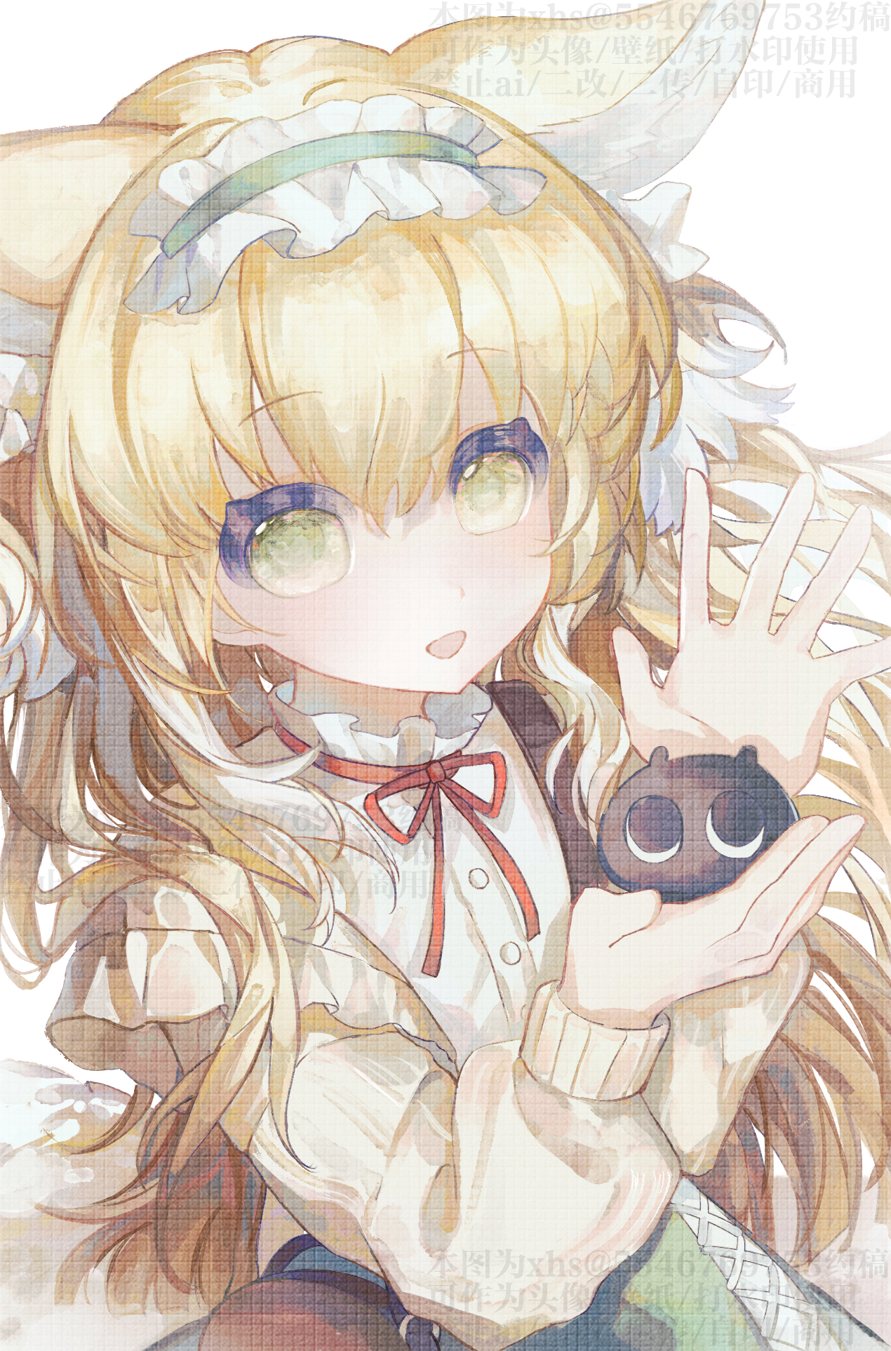 heixiu, suzuran (arknights), suzuran (spring praise) (arknights), arknights, luo xiaohei zhanji, chinese commentary, commentary request, commission, highres, second-party source, blonde hair, cardigan, cross-laced clothes, cross-laced skirt, green eyes, green hairband, green skirt, hairband, long hair, long sleeves, neck ribbon, official alternate costume, open mouth, puffy long sleeves, puffy sleeves, red ribbon, ribbon, shi kongkong, skirt, watermark, yellow cardigan