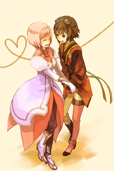 estellise sidos heurassein, rita mordio, tales of (series), tales of vesperia, 00s, 2girls, bob cut, boots, brown hair, dress, gloves, goggles, green eyes, heart, heart of string, knee boots, multiple girls, pantyhose, pink hair, short hair, single leg pantyhose, smile, thighhighs, yellow background